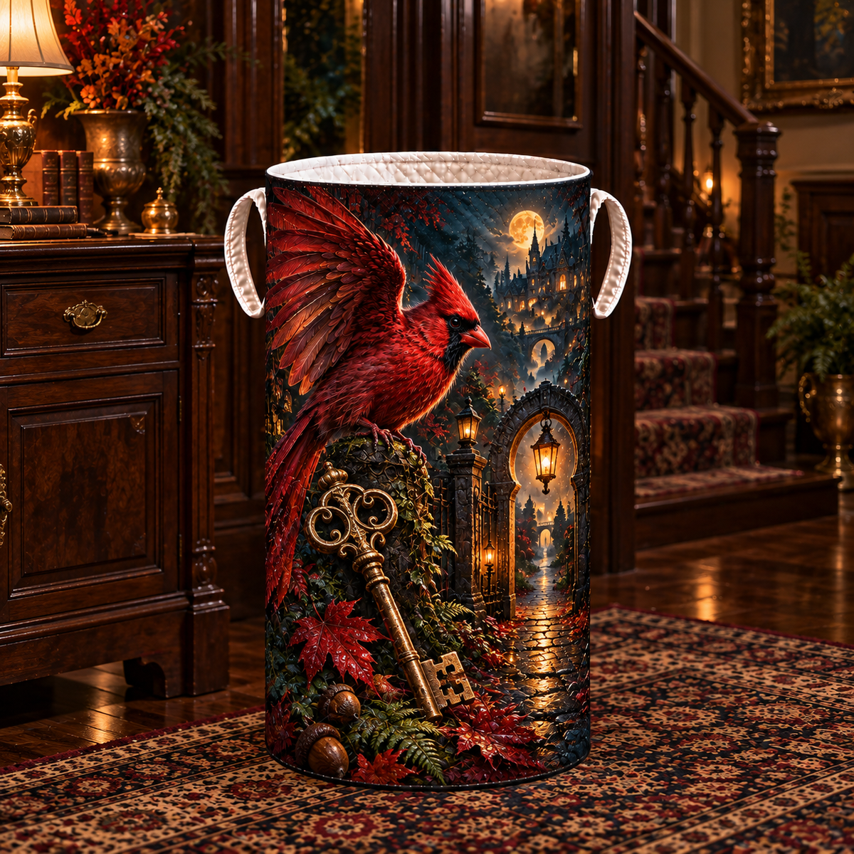 Scarlet Cardinal Lantern Keyway Laundry Hamper with printed optical 3D artwork in its use setting