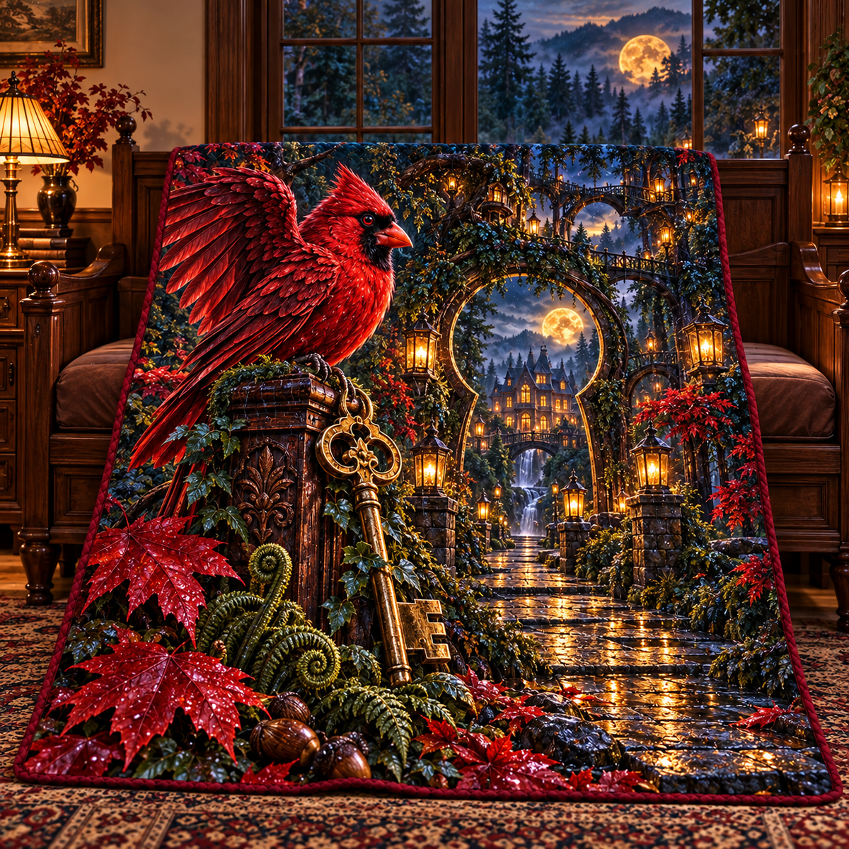 Scarlet Cardinal Lantern Keyway Quilt Blanket with printed optical 3D artwork in its use setting