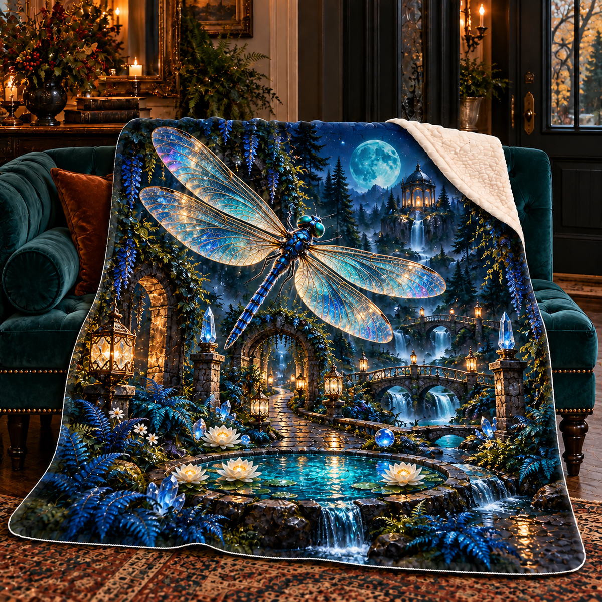 Opal Dragonfly Moonwell Path Sherpa & Fleece Blanket with printed optical 3D artwork in its use setting