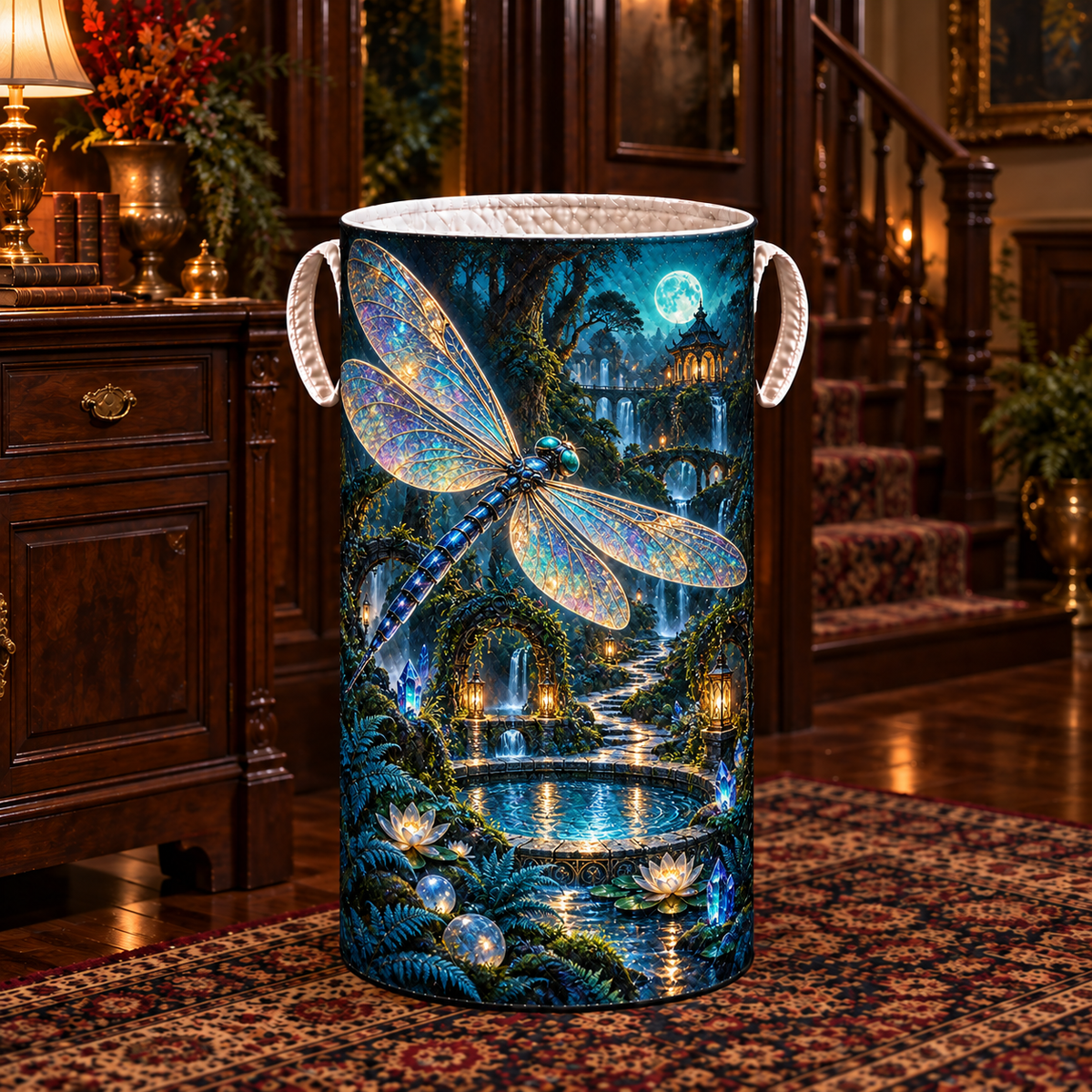 Opal Dragonfly Moonwell Path Laundry Hamper with printed optical 3D artwork in its use setting
