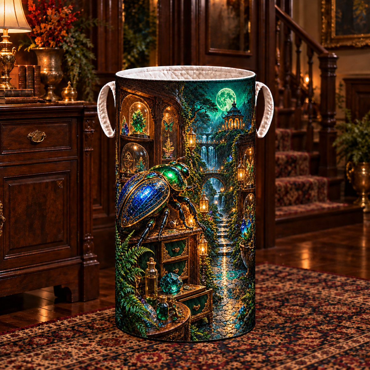 Emerald Scarab Curio Path Laundry Hamper with printed optical 3D artwork in its use setting