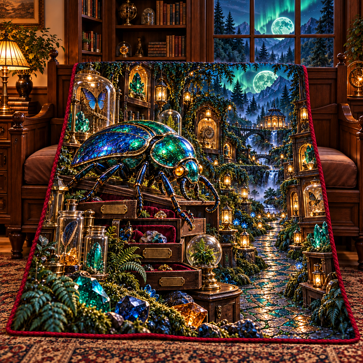 Emerald Scarab Curio Path Quilt Blanket with printed optical 3D artwork in its use setting
