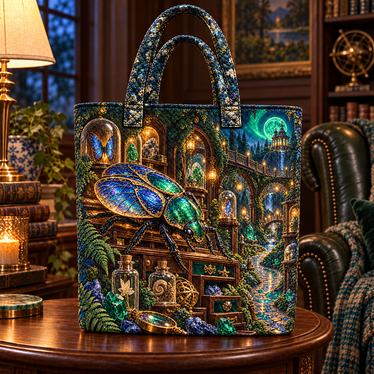 Emerald Scarab Curio Path Quilted Tote Bag with printed optical 3D artwork in its use setting