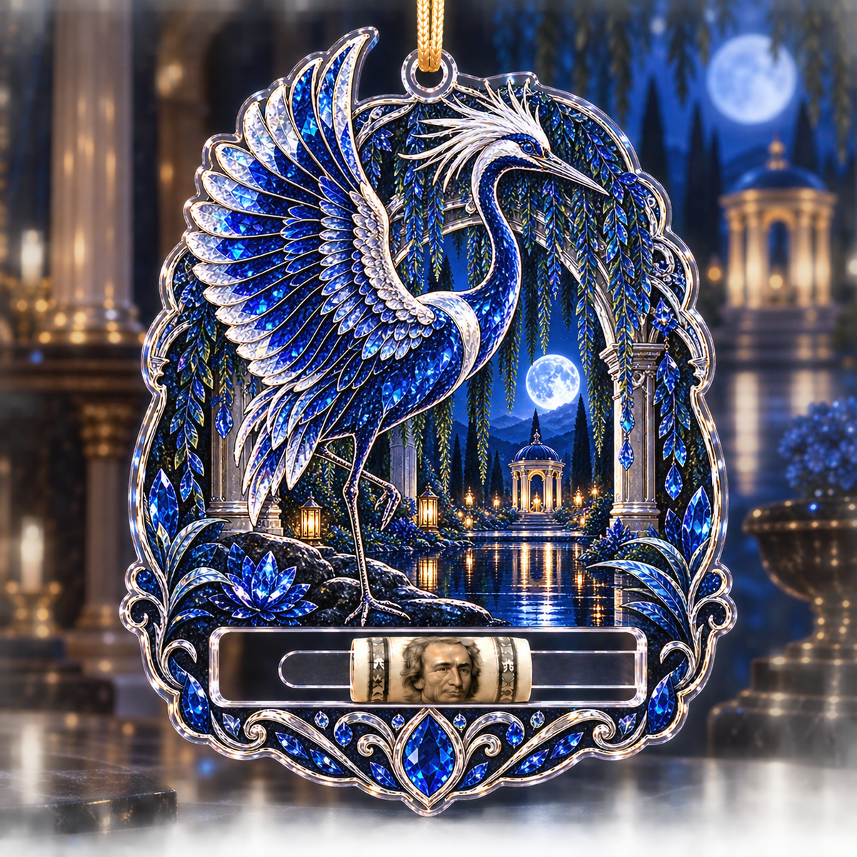Sapphire Crane Gallery Path Acrylic Cash Holder Ornament with printed optical 3D artwork in its use setting