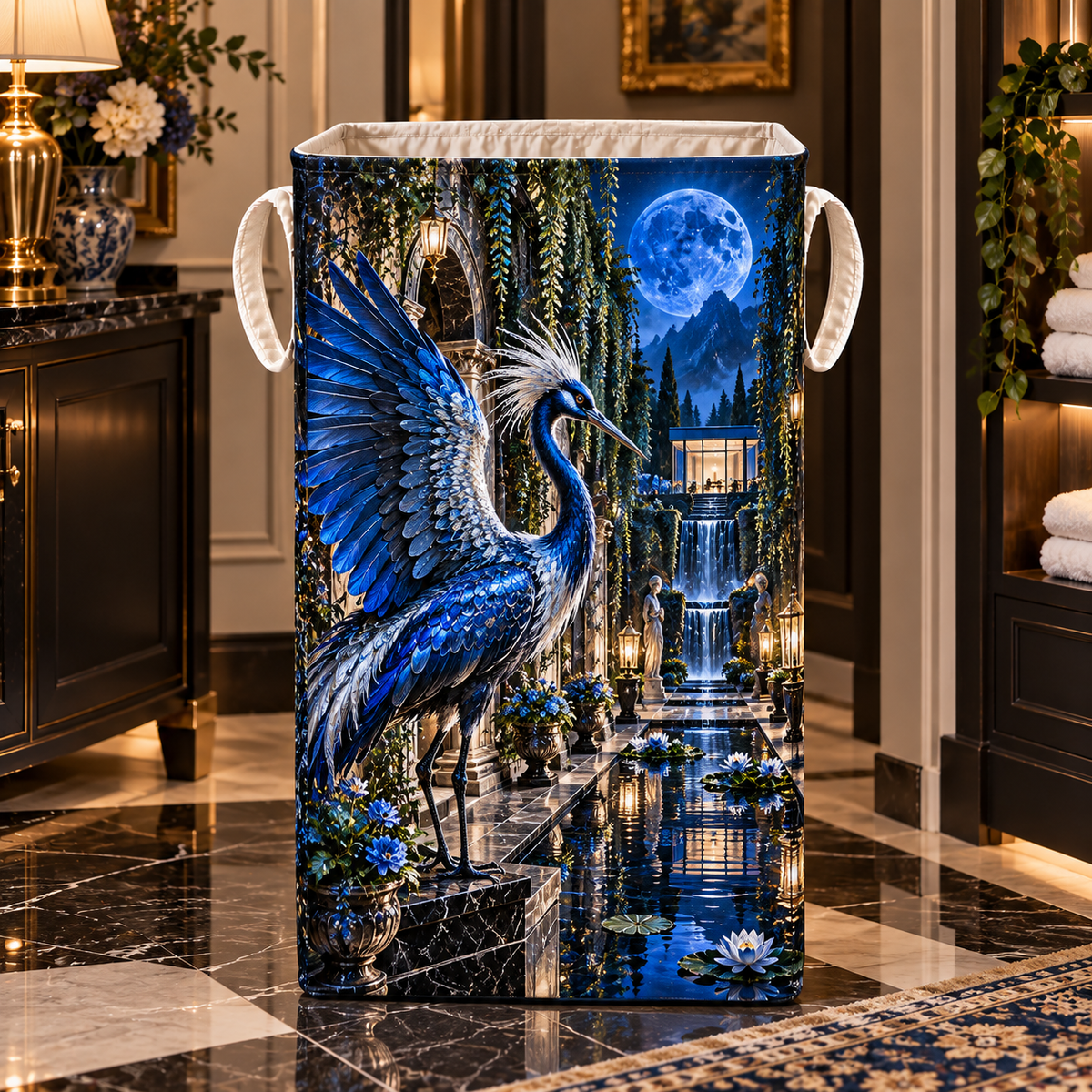 Sapphire Crane Gallery Path Laundry Hamper with printed optical 3D artwork in its use setting