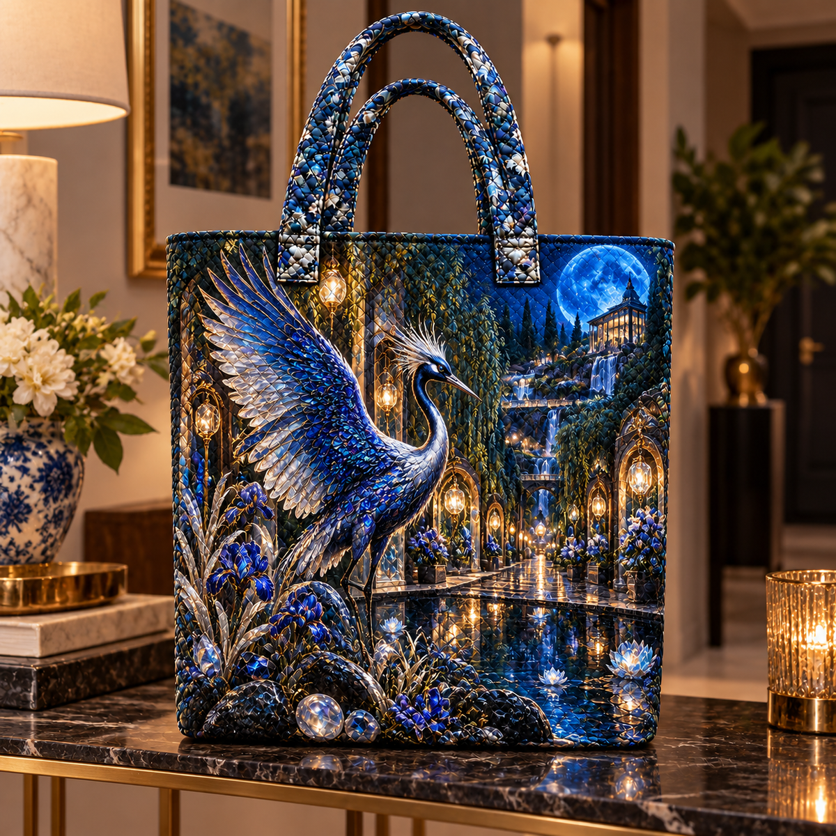 Sapphire Crane Gallery Path Quilted Tote Bag with printed optical 3D artwork in its use setting