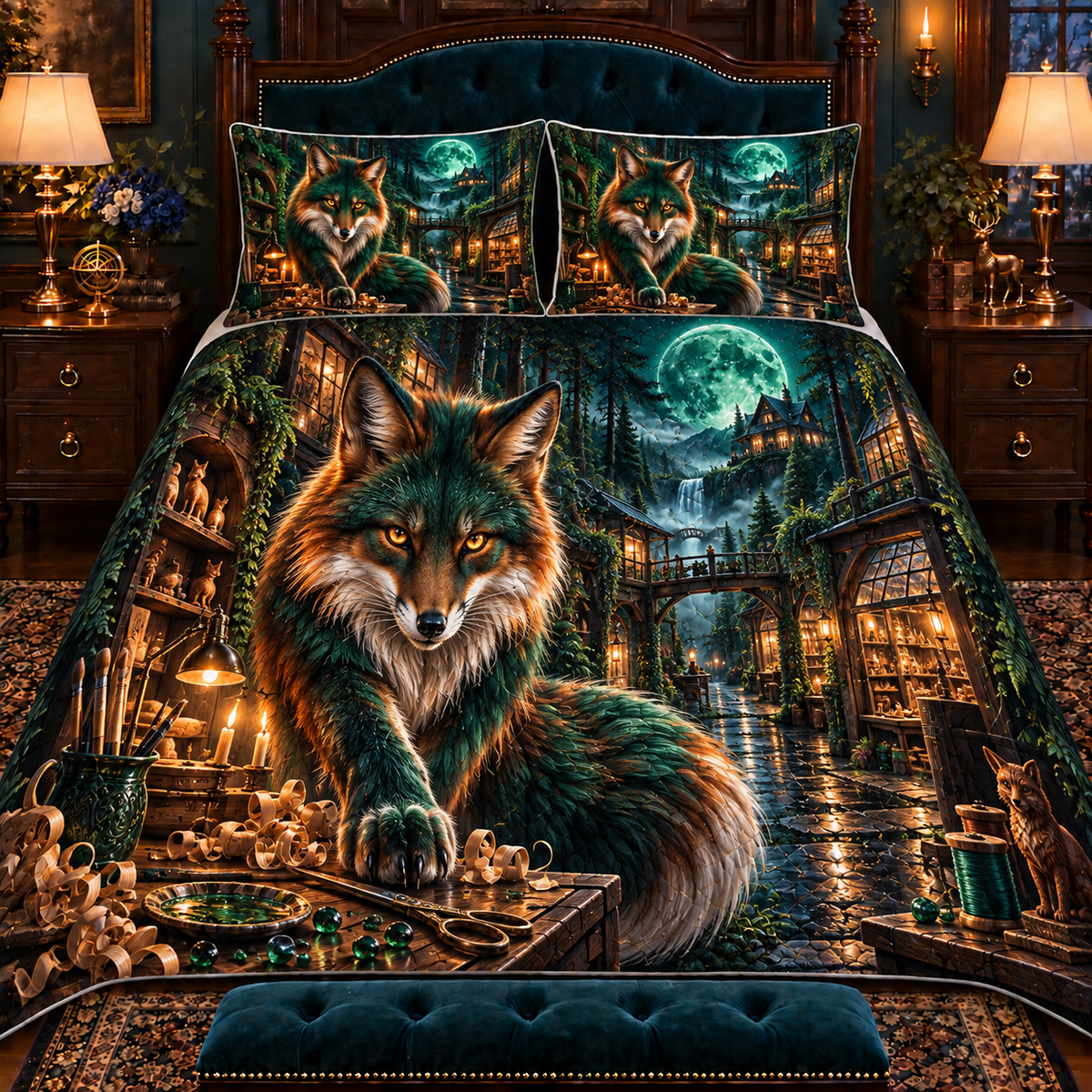 Emerald Fox Maker Path Quilted Bedding Set with printed optical 3D artwork in its use setting