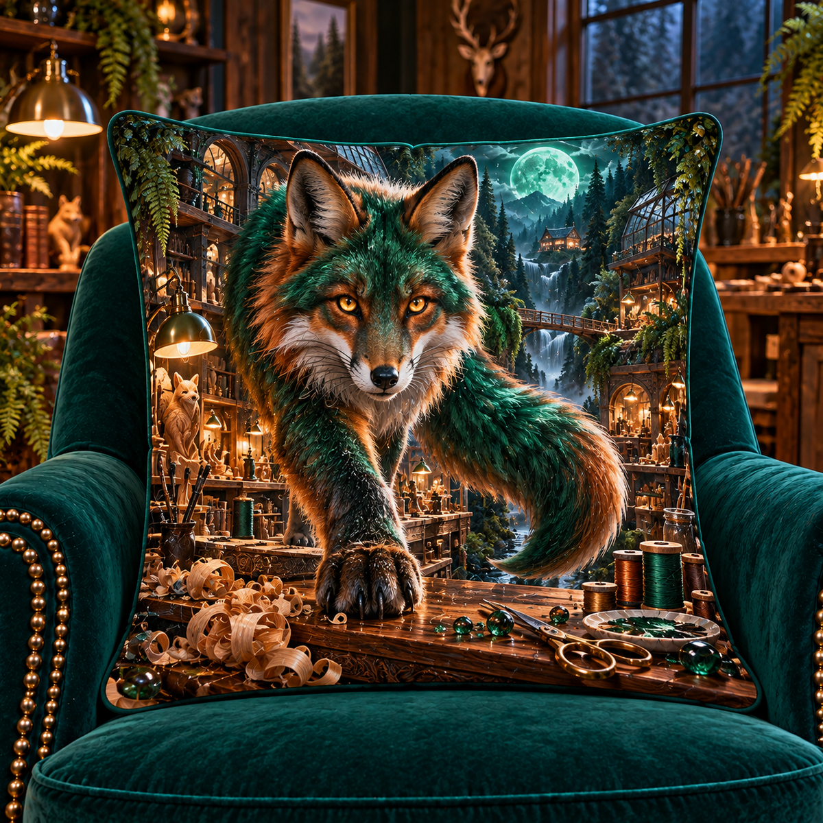 Emerald Fox Maker Path Quilted Cushion Cover with printed optical 3D artwork in its use setting