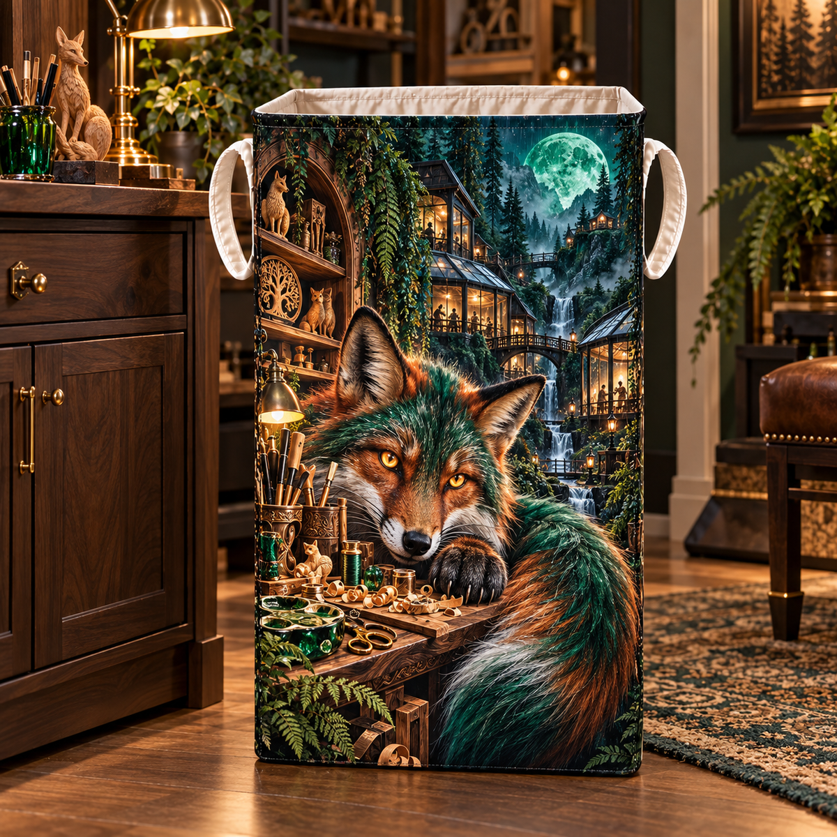 Emerald Fox Maker Path Laundry Hamper with printed optical 3D artwork in its use setting