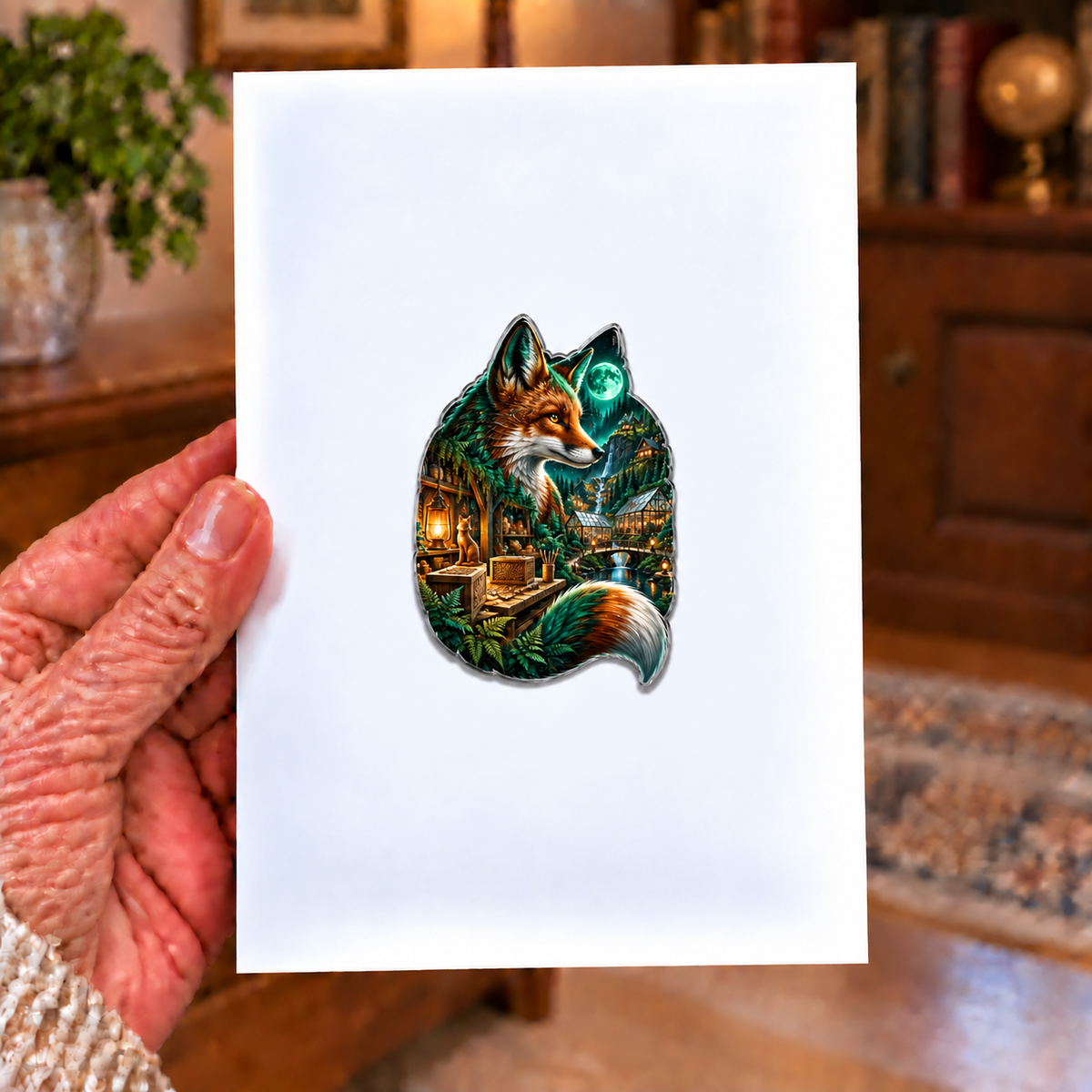 Emerald Fox Maker Path Acrylic Refrigerator Magnet with printed optical 3D artwork in its use setting