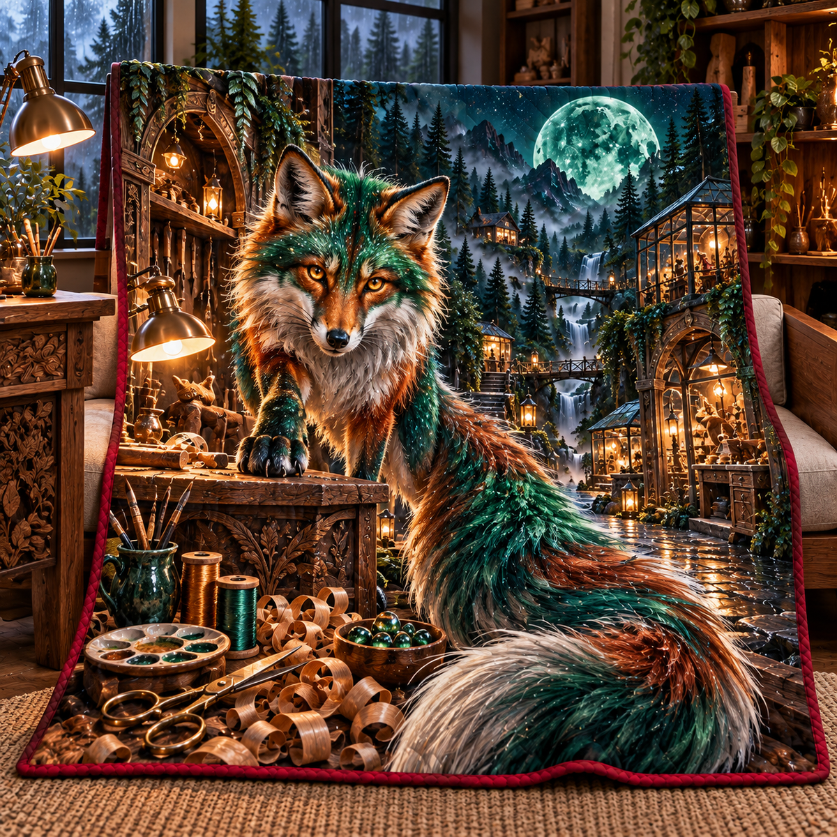 Emerald Fox Maker Path Quilt Blanket with printed optical 3D artwork in its use setting