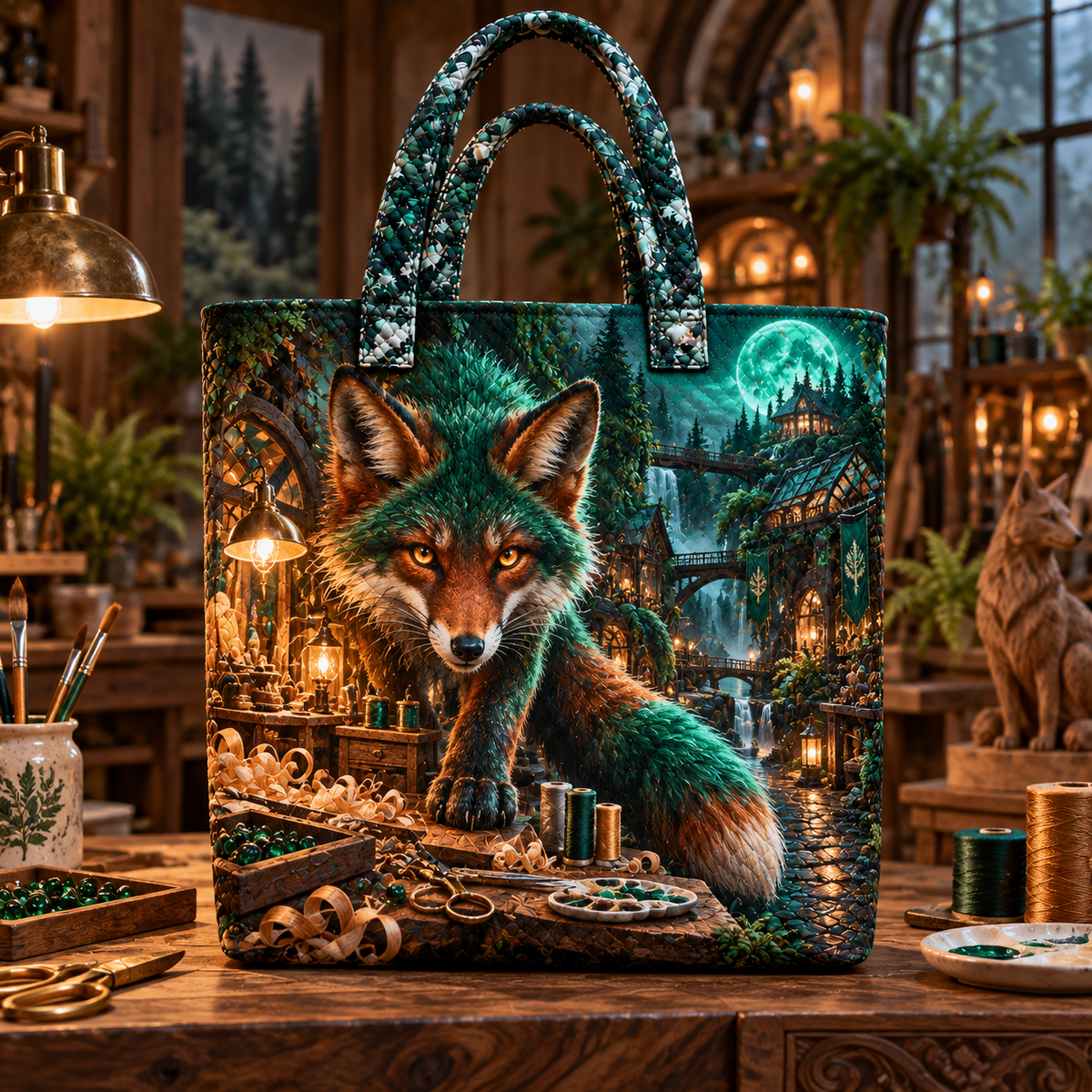 Emerald Fox Maker Path Quilted Tote Bag with printed optical 3D artwork in its use setting