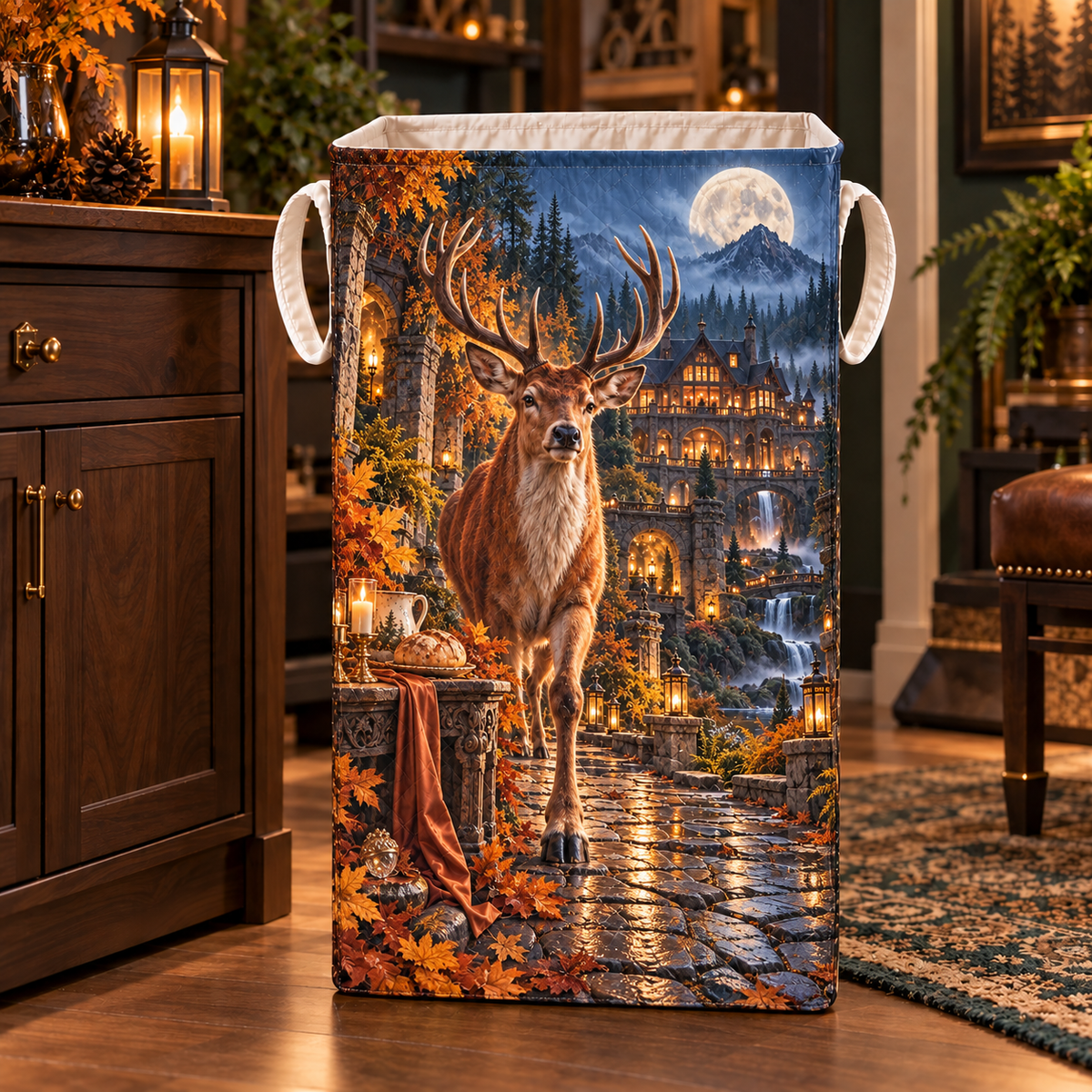 Amber Stag Welcome Path Laundry Hamper with printed optical 3D artwork in its use setting