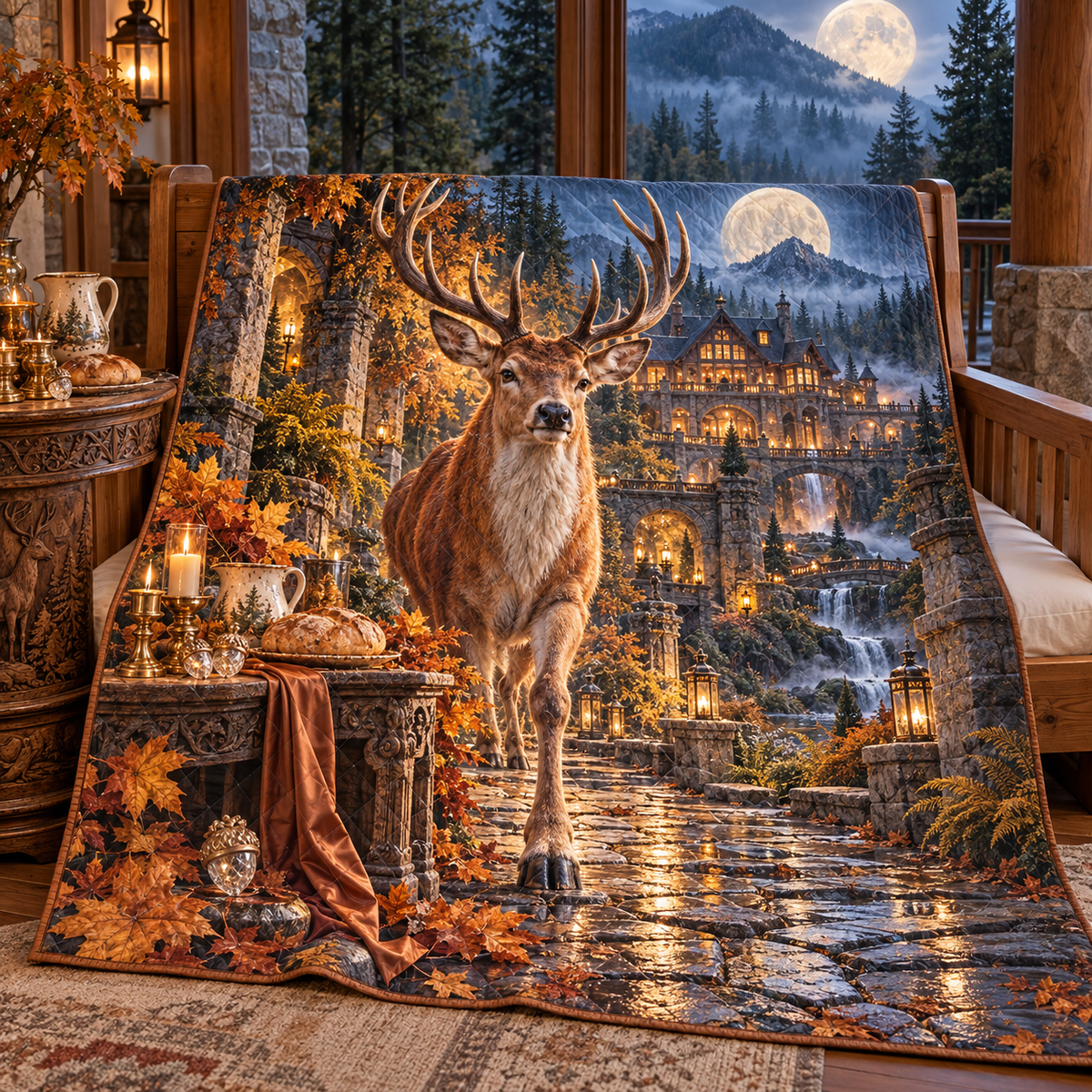 Amber Stag Welcome Path Quilt Blanket with printed optical 3D artwork in its use setting