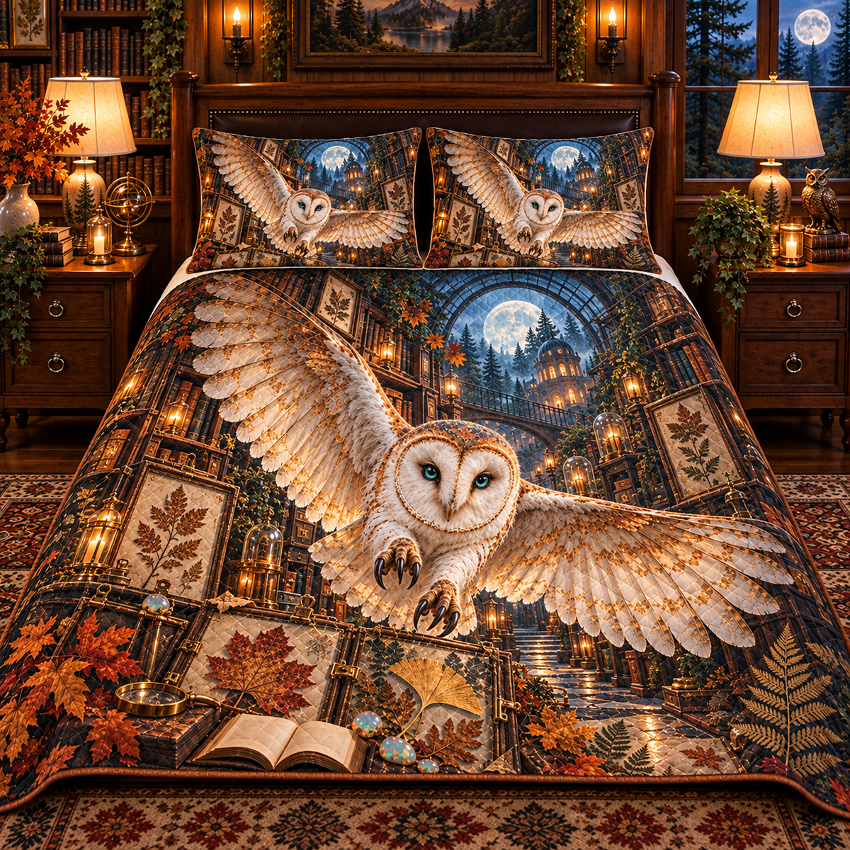 Opal Owl Leaf Library Quilted Bedding Set with printed optical 3D artwork in its use setting