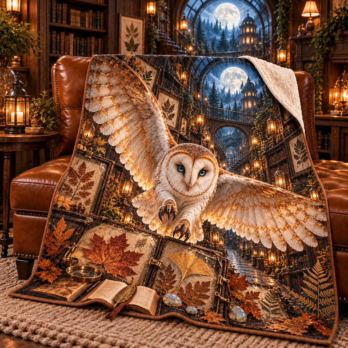 Opal Owl Leaf Library Sherpa & Fleece Blanket with printed optical 3D artwork in its use setting