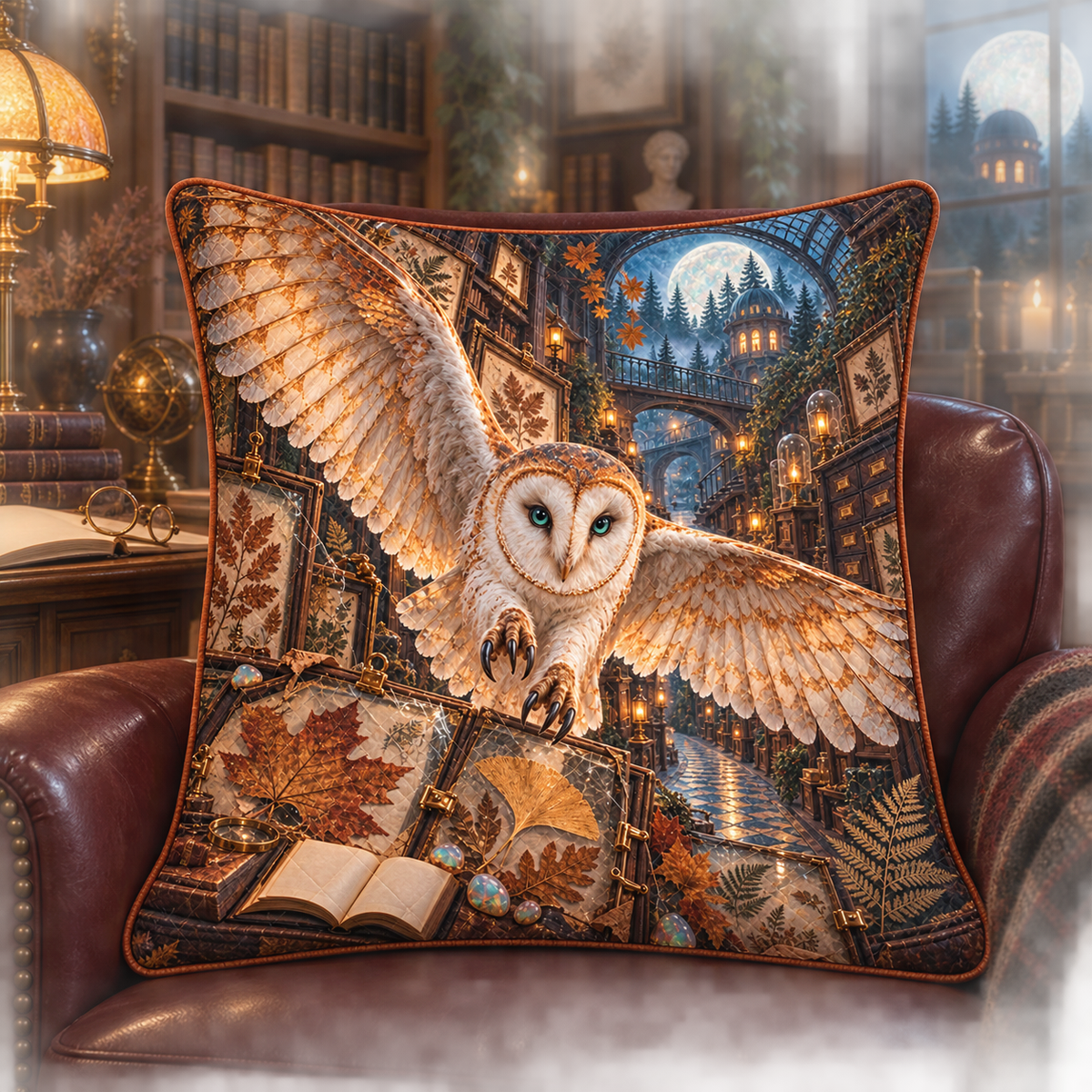 Opal Owl Leaf Library Quilted Cushion Cover with printed optical 3D artwork in its use setting