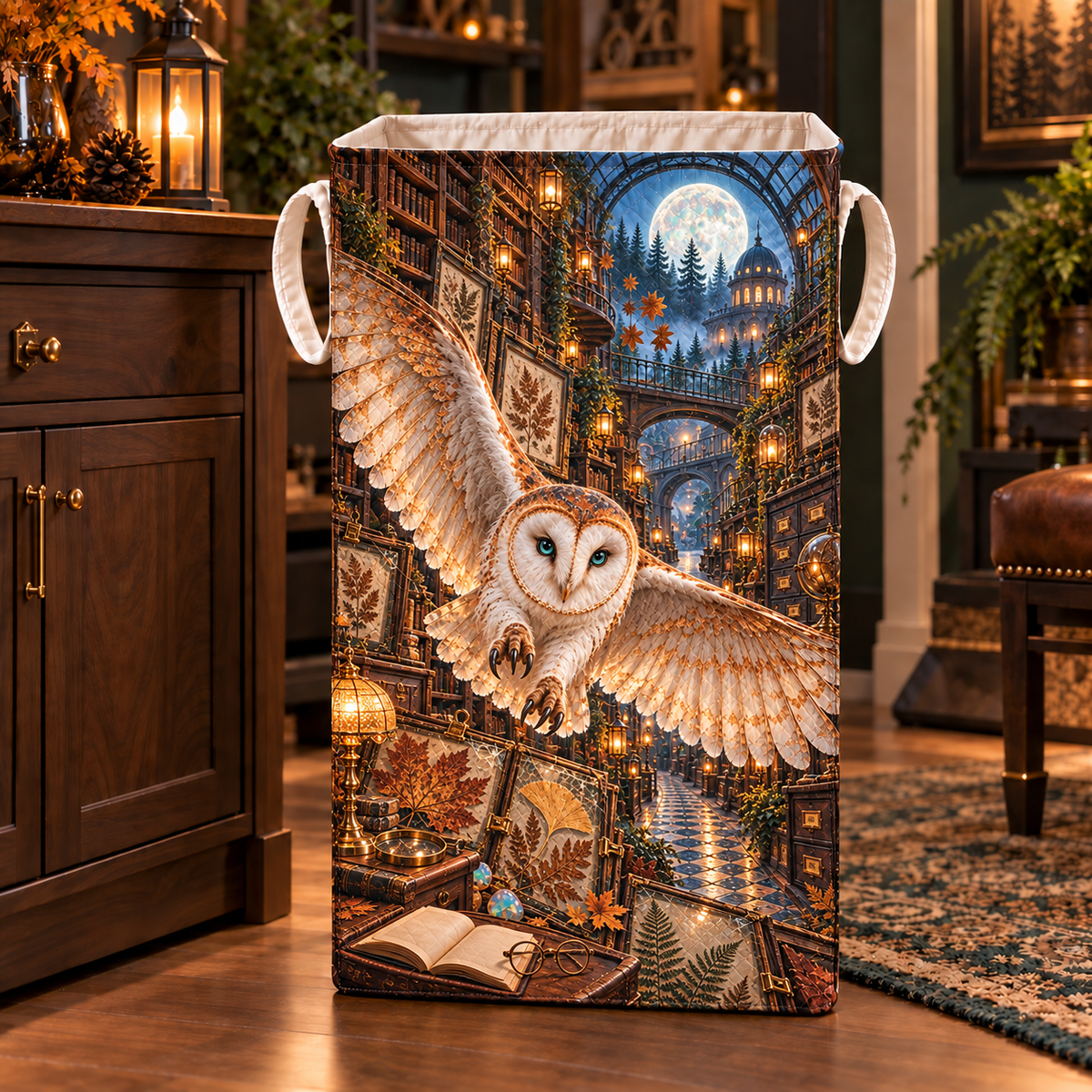 Opal Owl Leaf Library Laundry Hamper with printed optical 3D artwork in its use setting