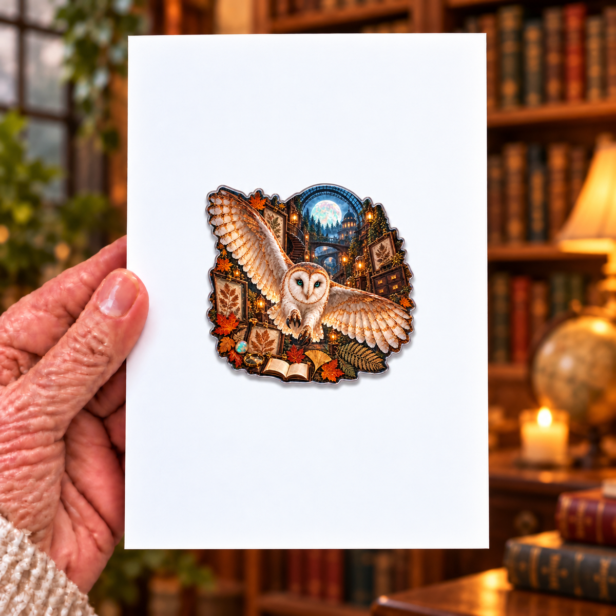Opal Owl Leaf Library Acrylic Refrigerator Magnet with printed optical 3D artwork in its use setting