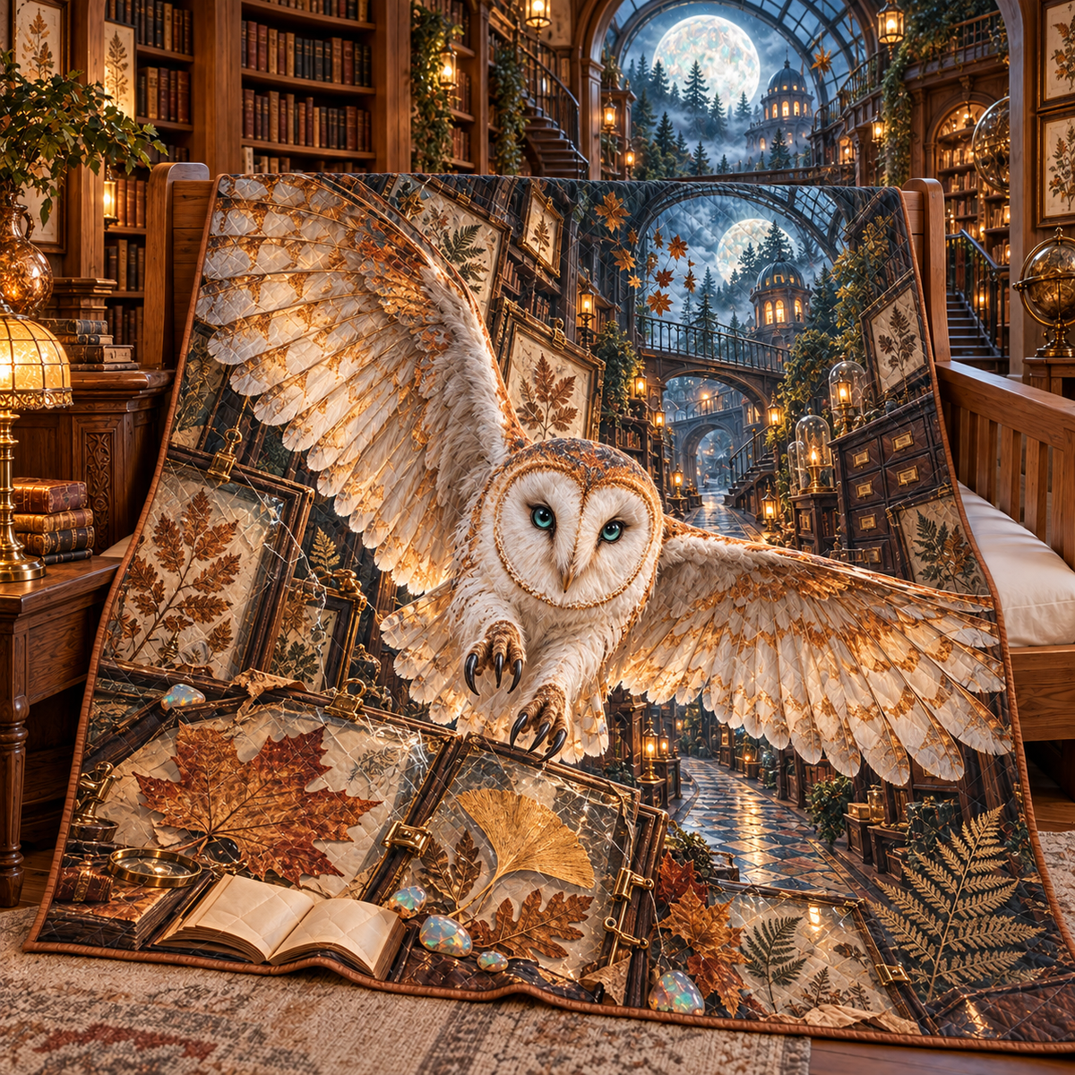 Opal Owl Leaf Library Quilt Blanket with printed optical 3D artwork in its use setting