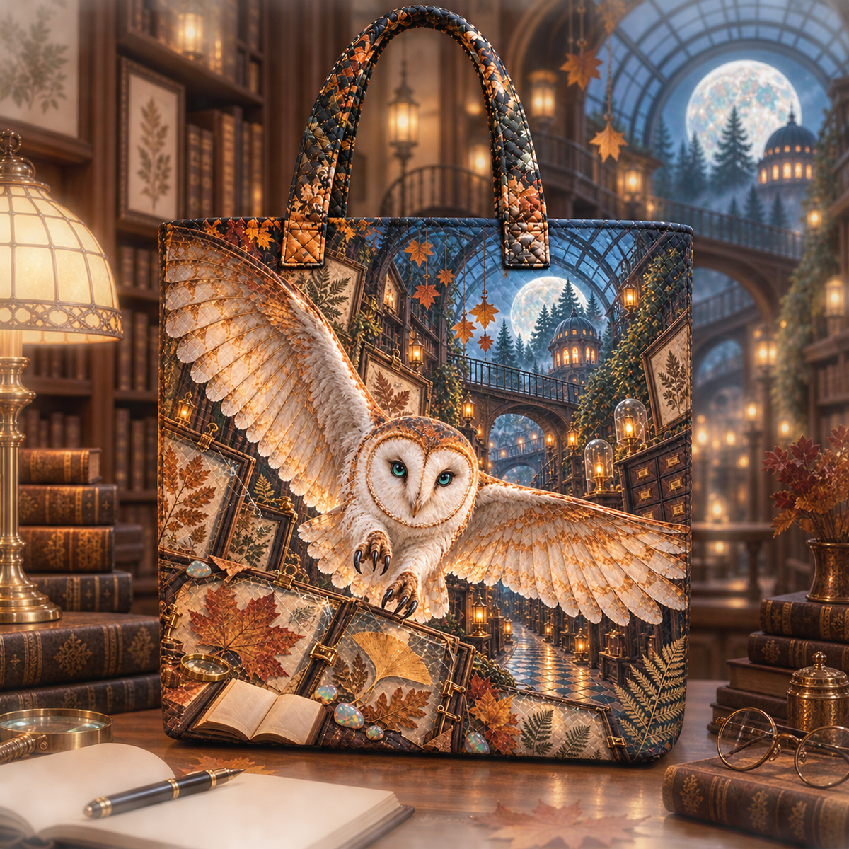 Opal Owl Leaf Library Quilted Tote Bag with printed optical 3D artwork in its use setting