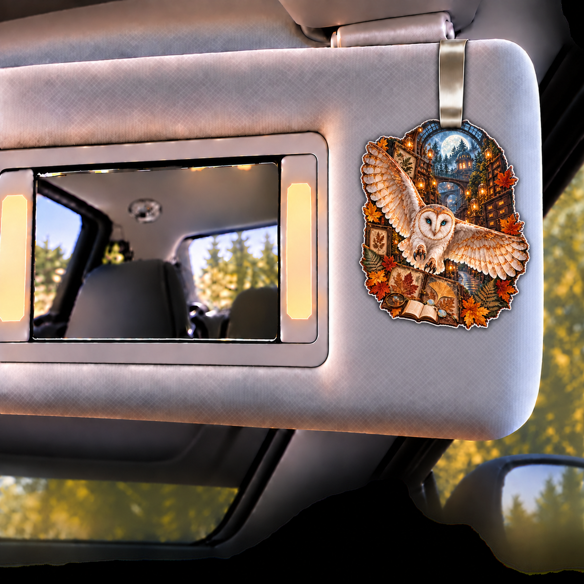 Opal Owl Leaf Library Holographic Car Visor Clip with printed optical 3D artwork in its use setting