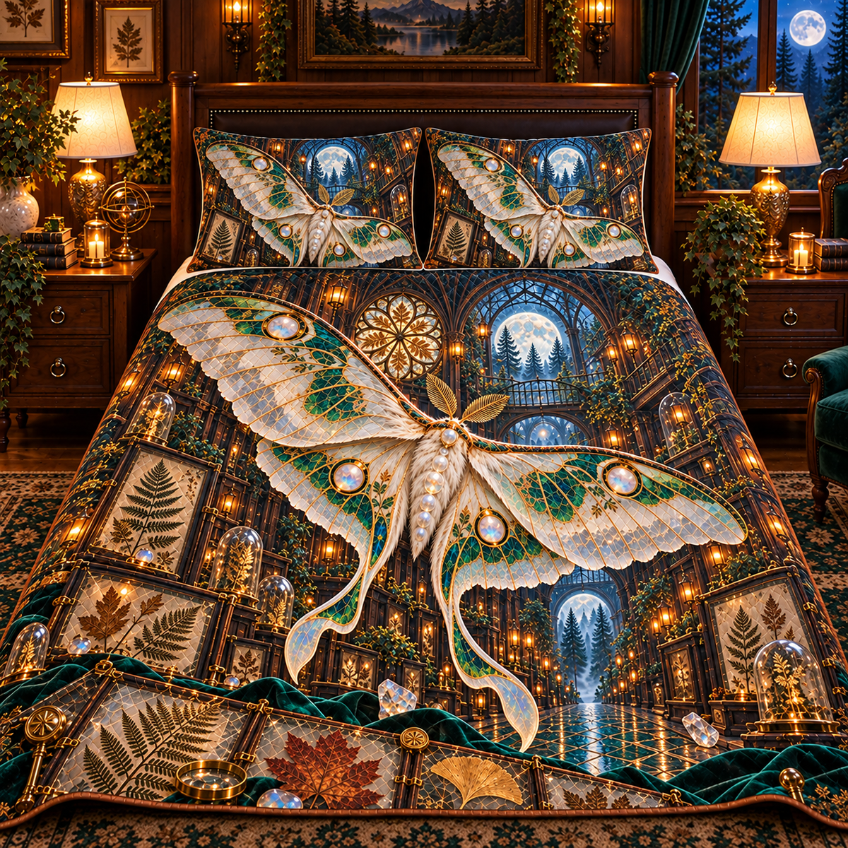 Moonstone Moth Leaf Cathedral Quilted Bedding Set with printed optical 3D artwork in its use setting