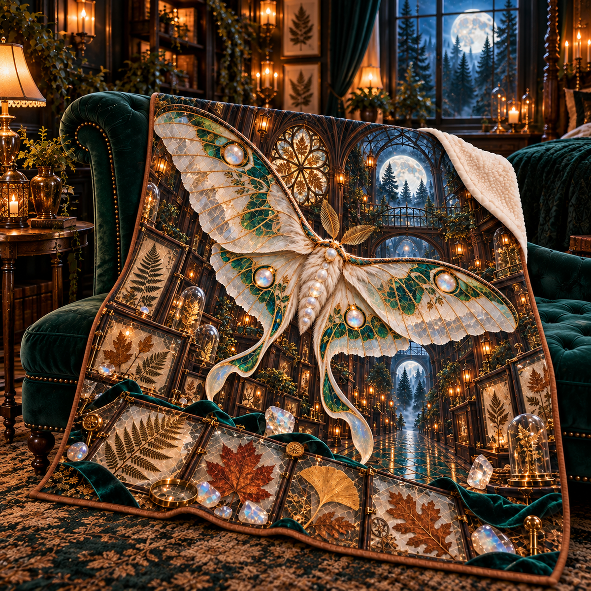 Moonstone Moth Leaf Cathedral Sherpa & Fleece Blanket with printed optical 3D artwork in its use setting