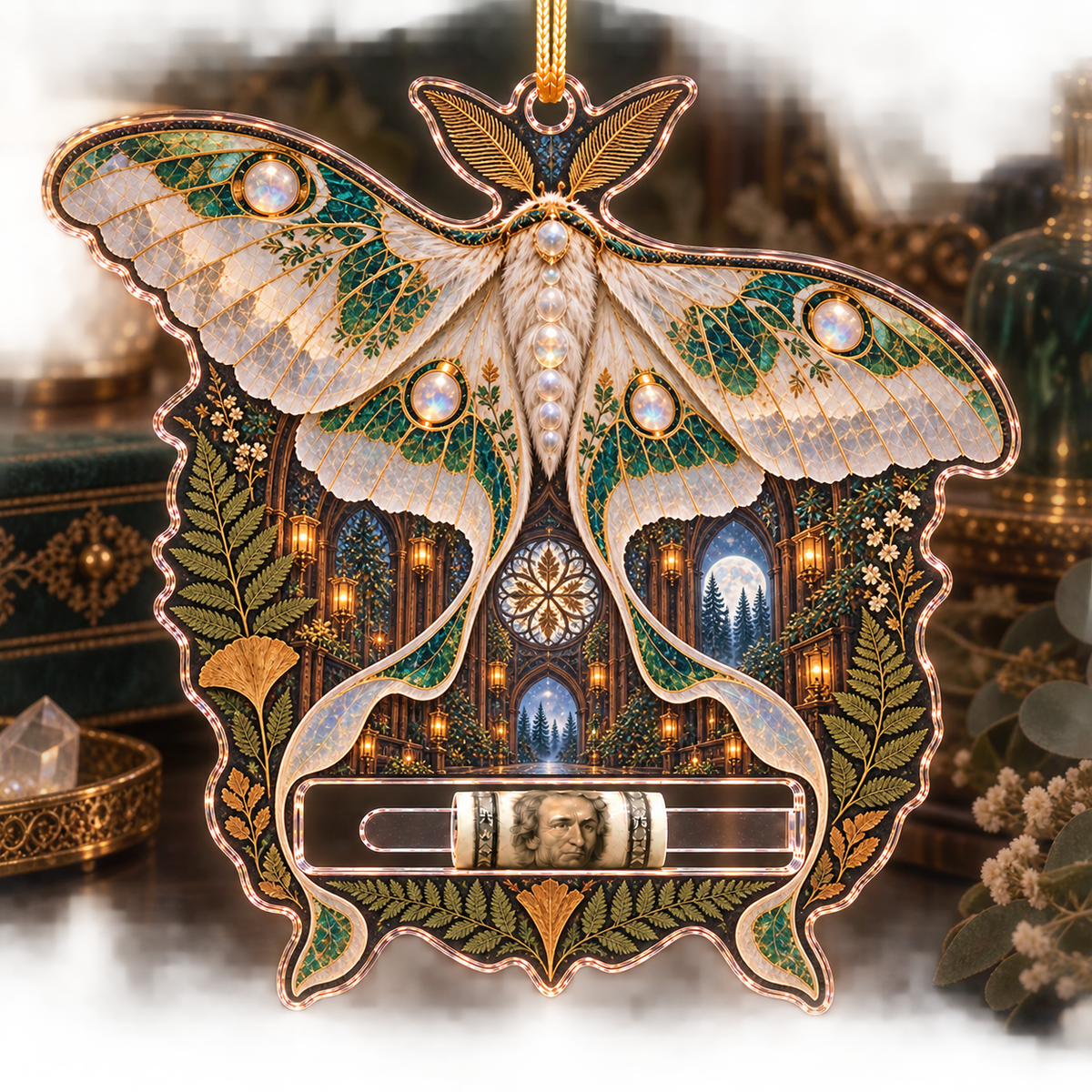 Moonstone Moth Leaf Cathedral Acrylic Cash Holder Ornament with printed optical 3D artwork in its use setting
