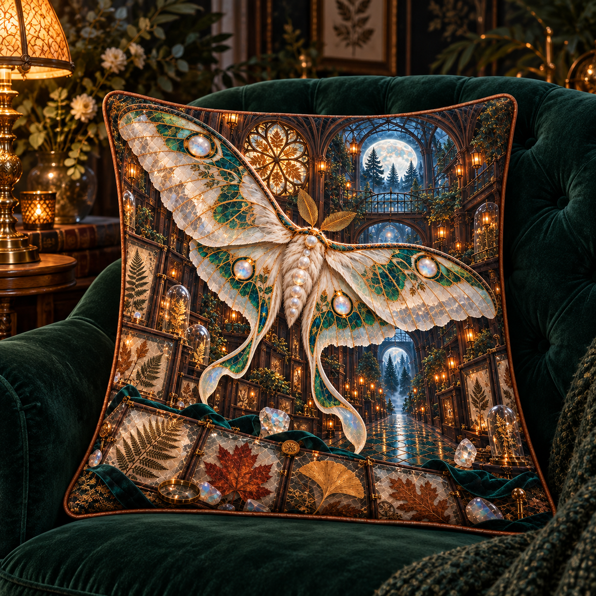 Moonstone Moth Leaf Cathedral Quilted Cushion Cover with printed optical 3D artwork in its use setting