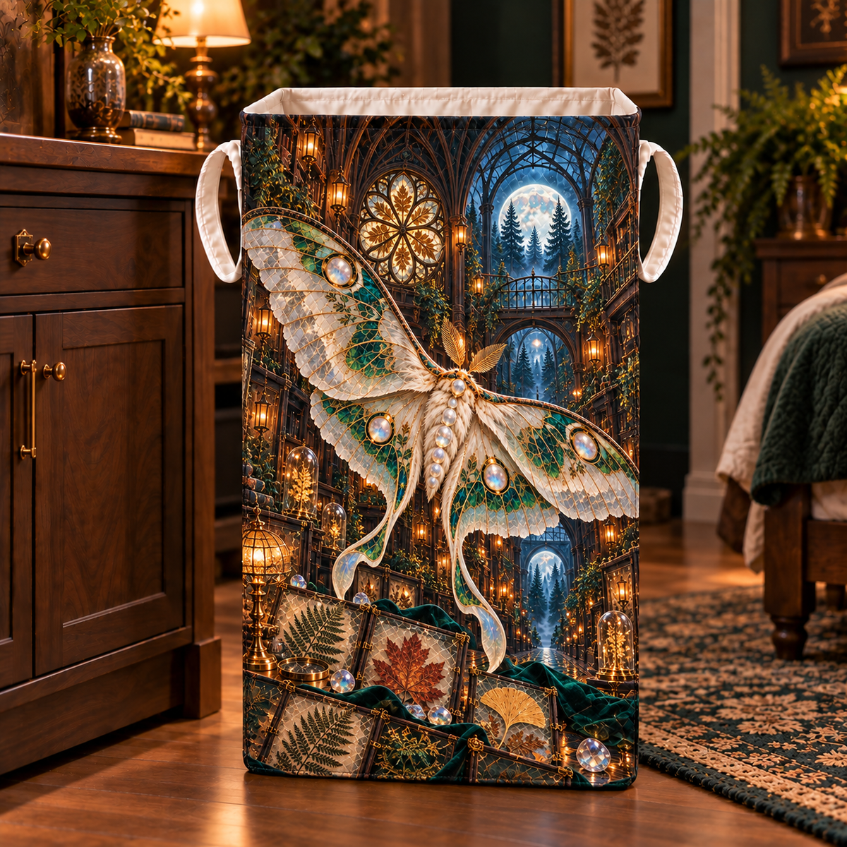 Moonstone Moth Leaf Cathedral Laundry Hamper with printed optical 3D artwork in its use setting