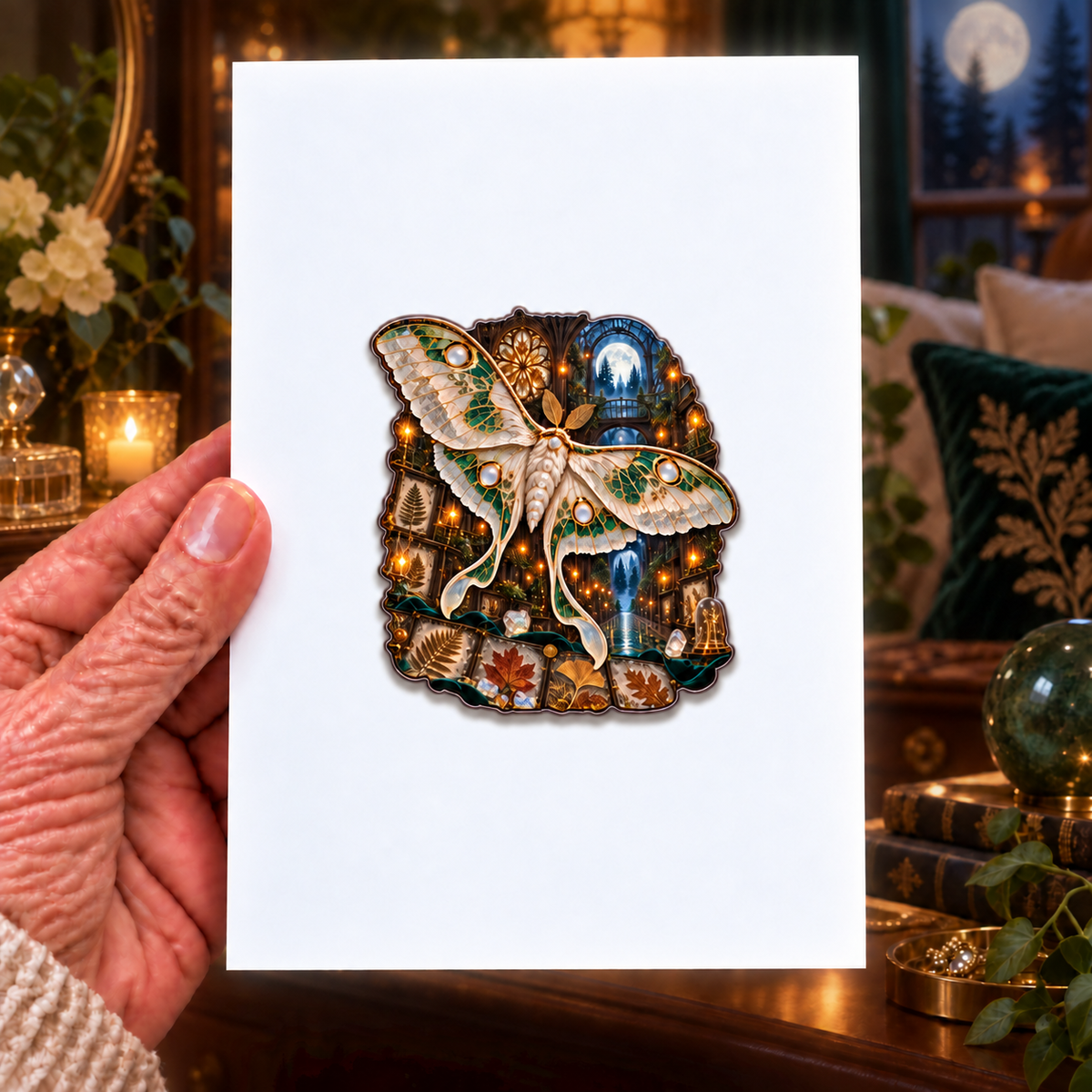 Moonstone Moth Leaf Cathedral Acrylic Refrigerator Magnet with printed optical 3D artwork in its use setting