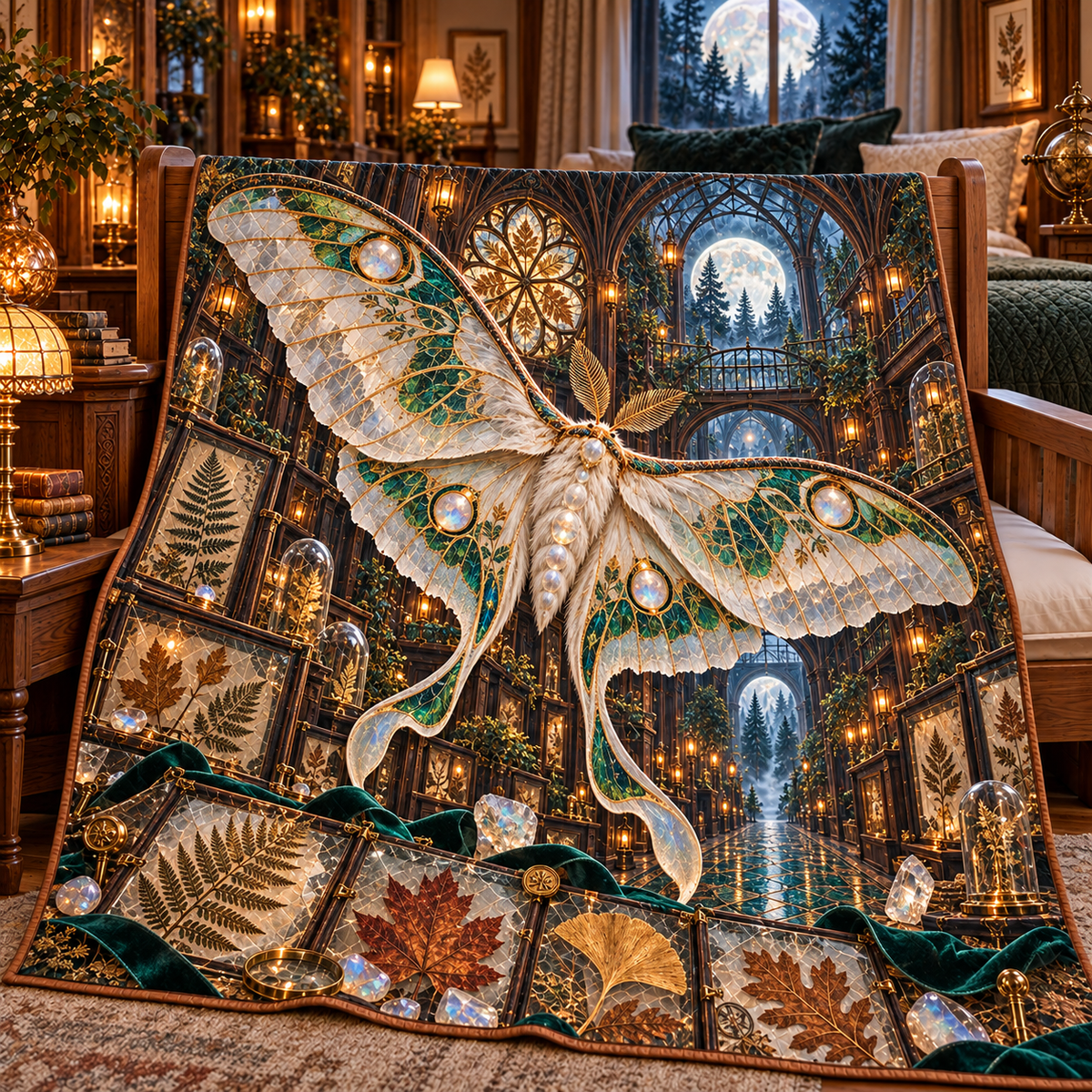 Moonstone Moth Leaf Cathedral Quilt Blanket with printed optical 3D artwork in its use setting