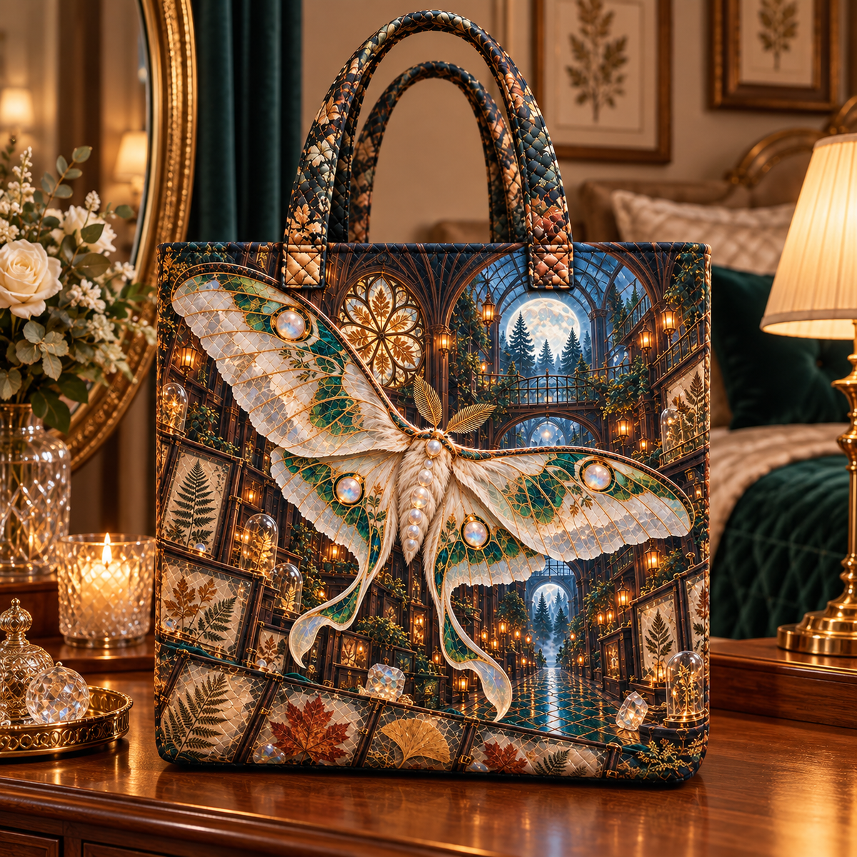 Moonstone Moth Leaf Cathedral Quilted Tote Bag with printed optical 3D artwork in its use setting
