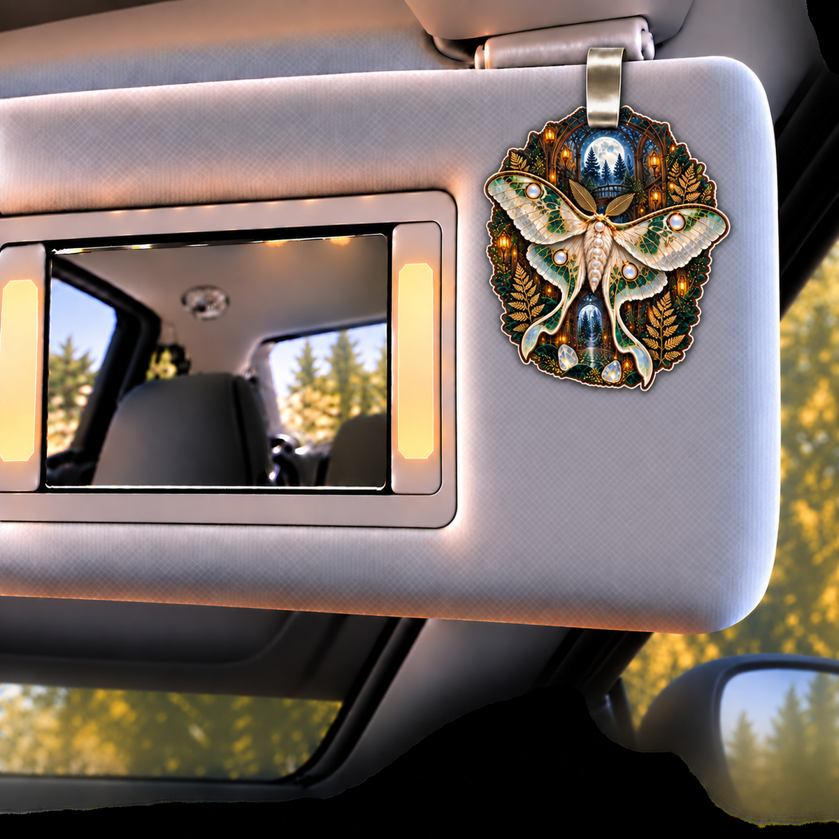 Moonstone Moth Leaf Cathedral Holographic Car Visor Clip with printed optical 3D artwork in its use setting