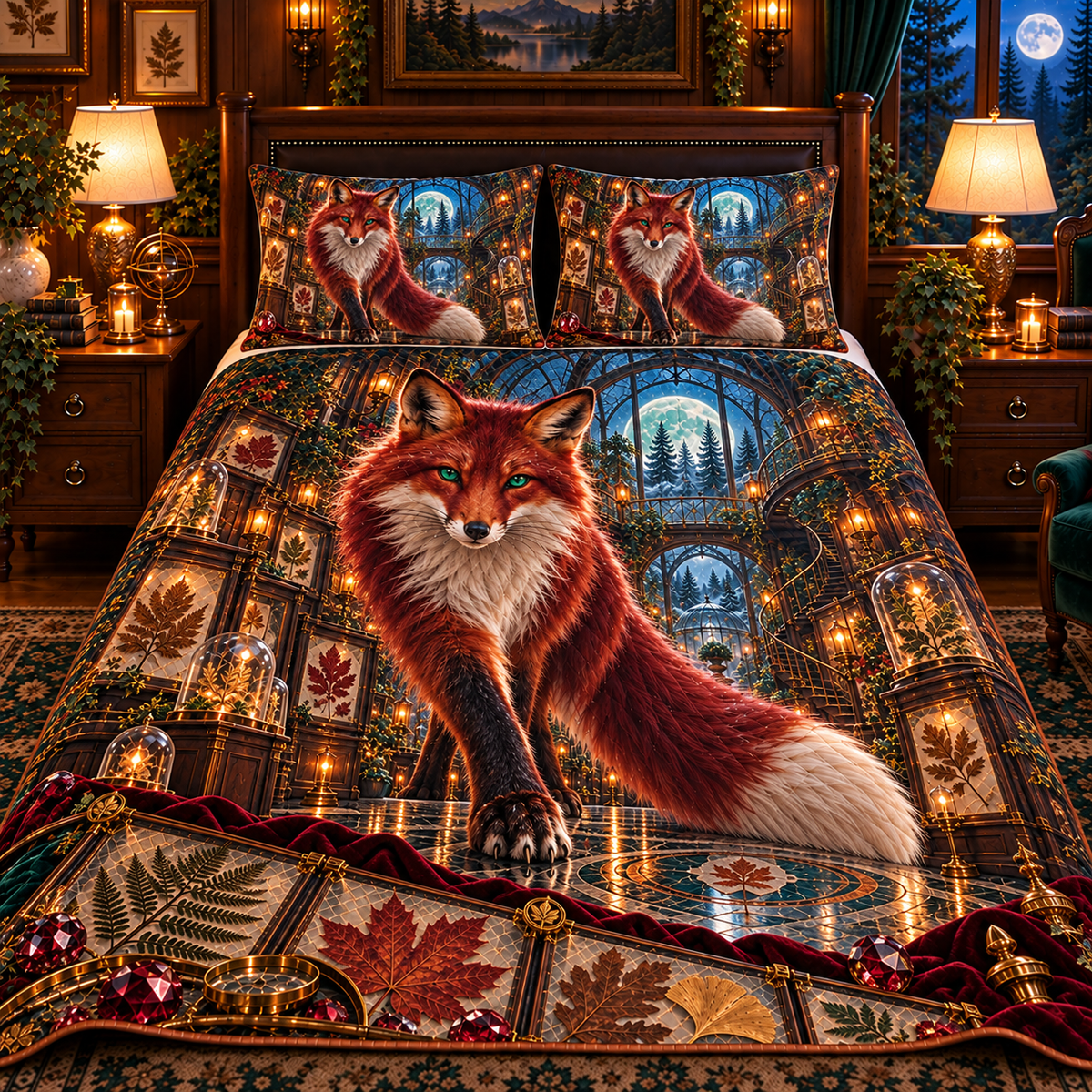 Garnet Fox Leaf Conservatory Quilted Bedding Set with printed optical 3D artwork in its use setting