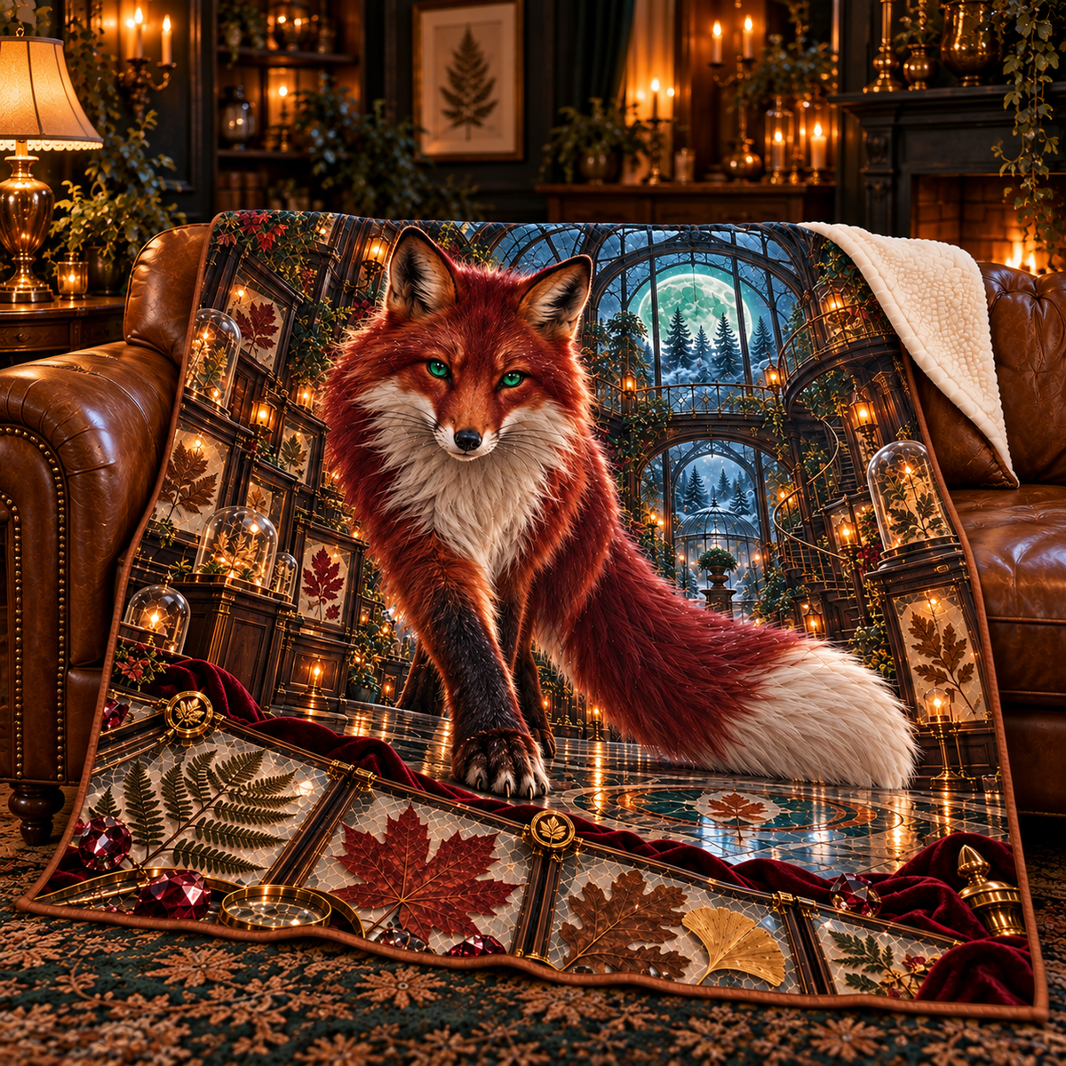 Garnet Fox Leaf Conservatory Sherpa & Fleece Blanket with printed optical 3D artwork in its use setting