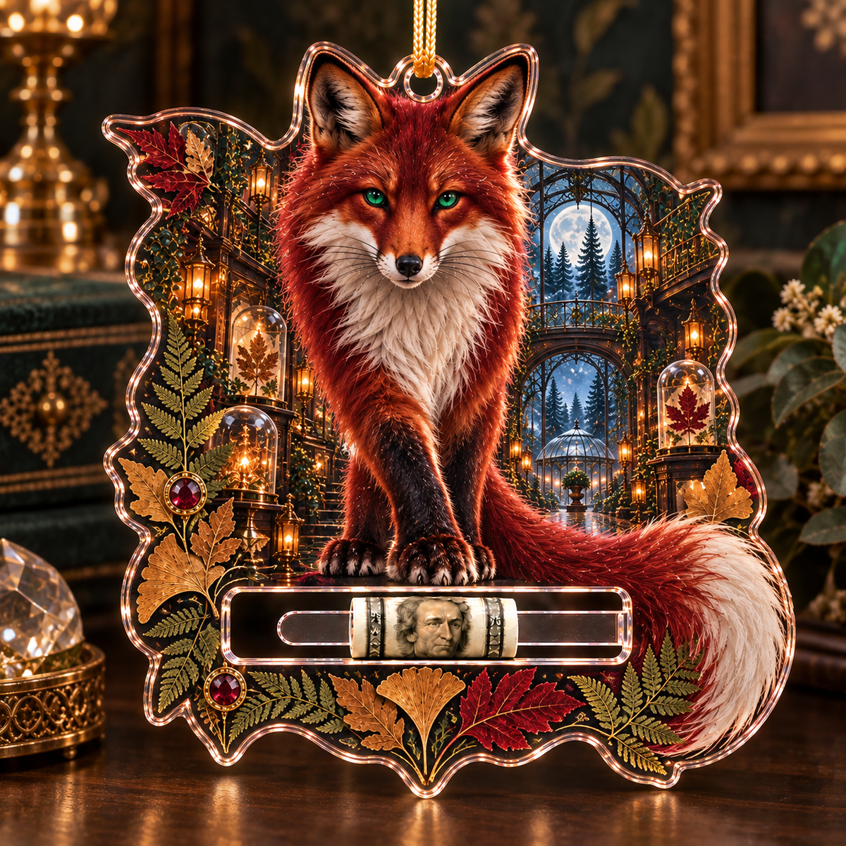 Garnet Fox Leaf Conservatory Acrylic Cash Holder Ornament with printed optical 3D artwork in its use setting
