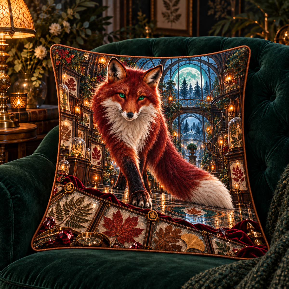Garnet Fox Leaf Conservatory Quilted Cushion Cover with printed optical 3D artwork in its use setting