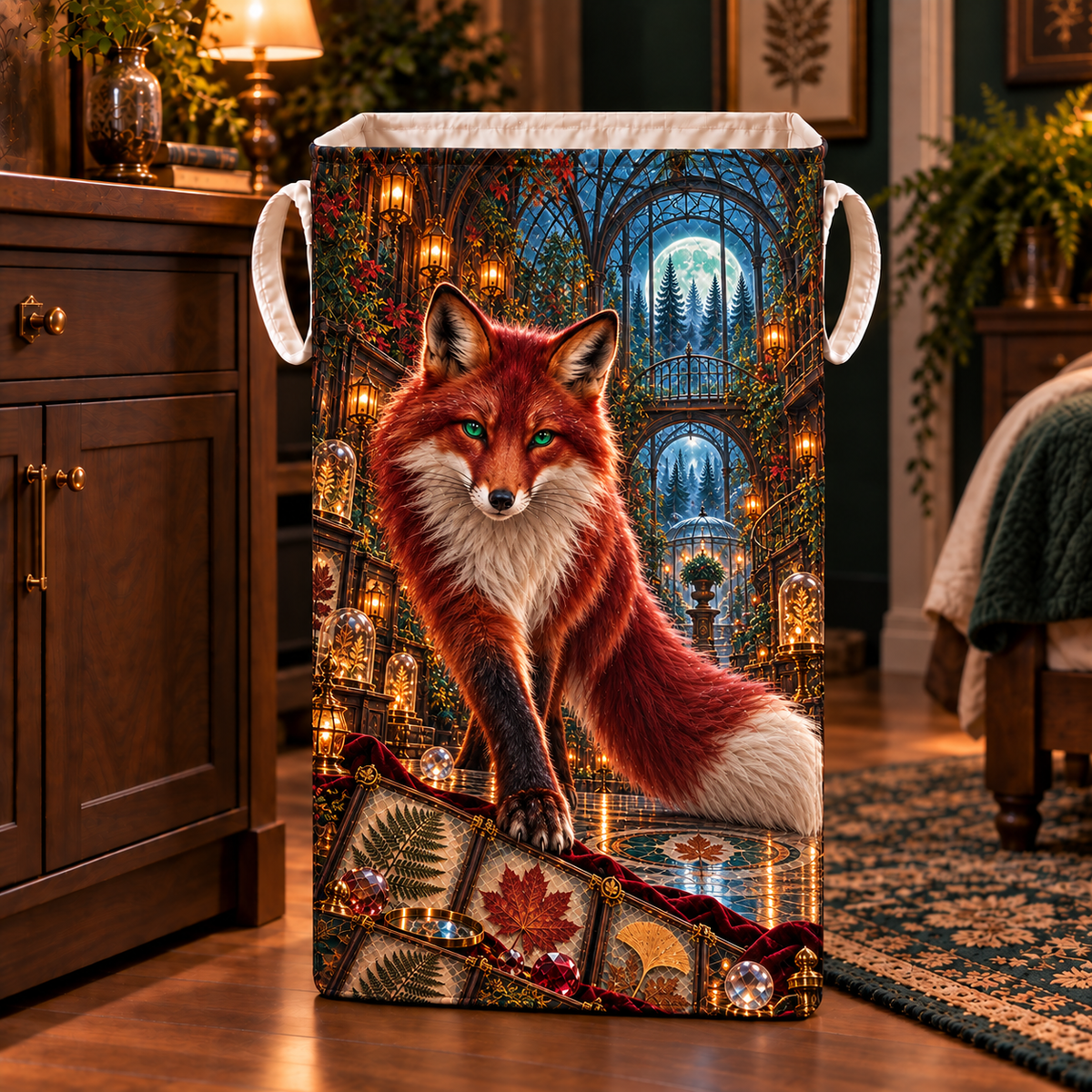 Garnet Fox Leaf Conservatory Laundry Hamper with printed optical 3D artwork in its use setting