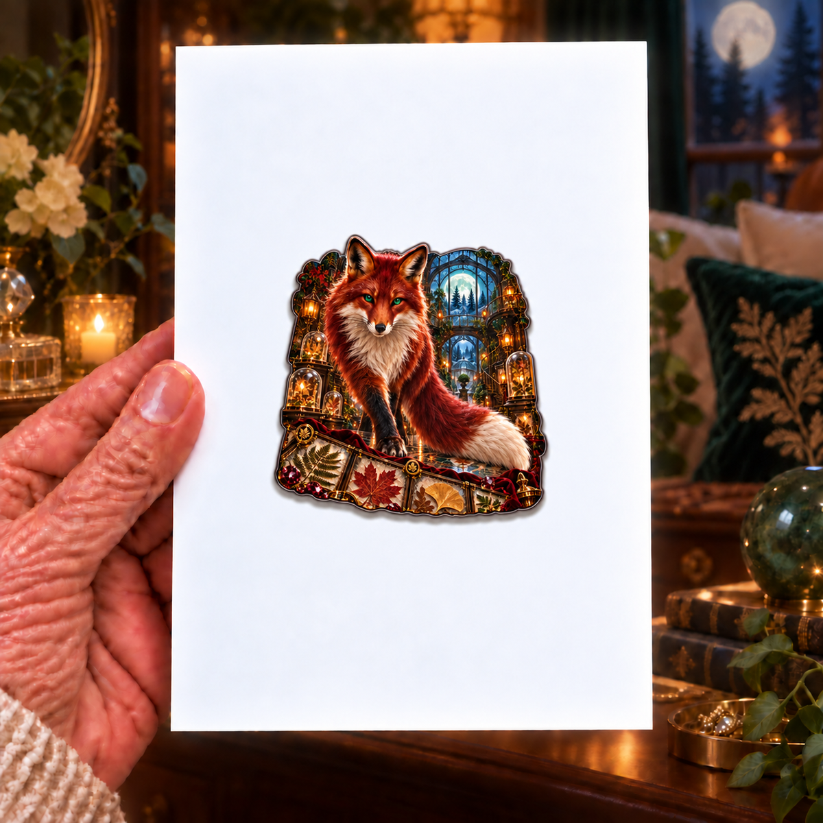 Garnet Fox Leaf Conservatory Acrylic Refrigerator Magnet with printed optical 3D artwork in its use setting