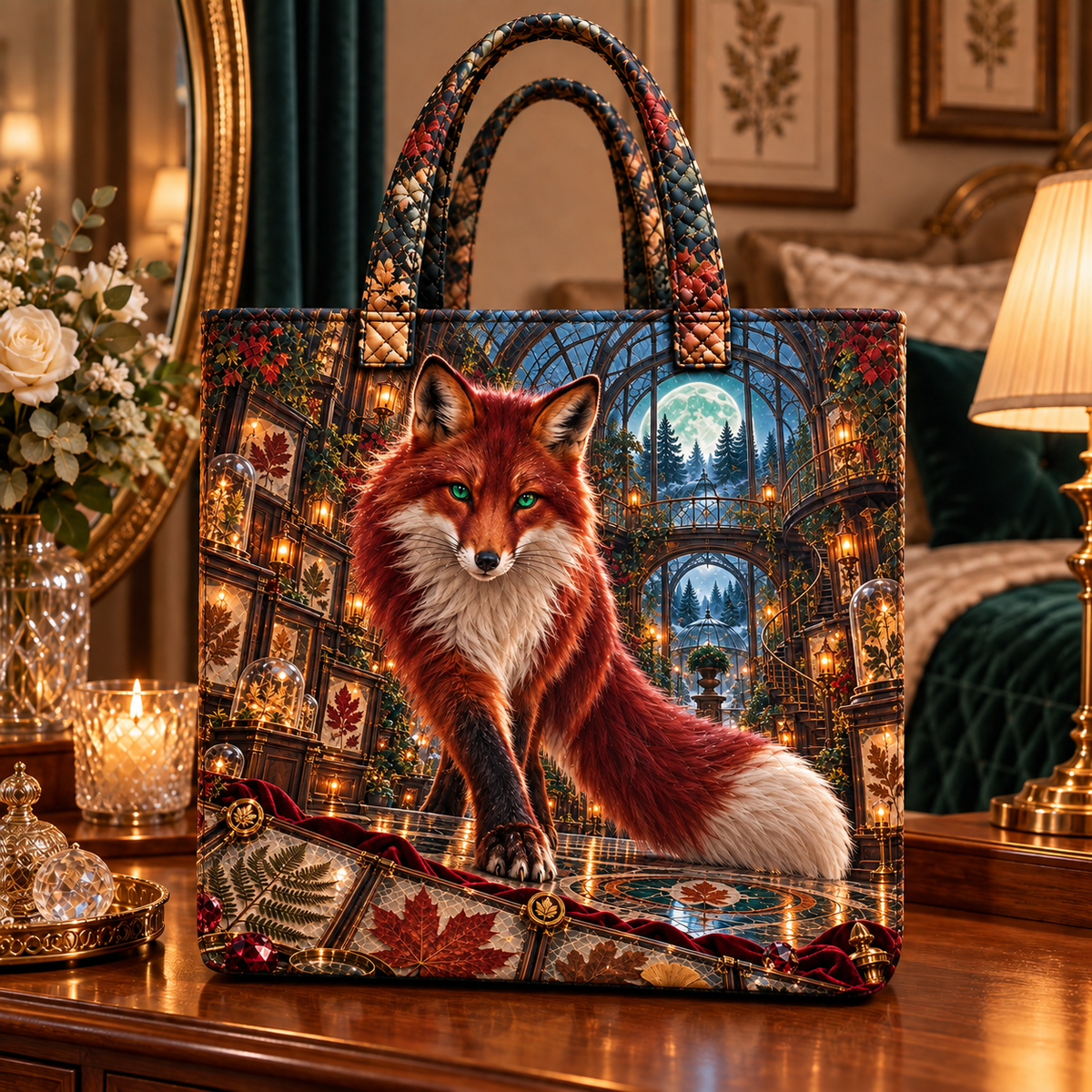 Garnet Fox Leaf Conservatory Quilted Tote Bag with printed optical 3D artwork in its use setting