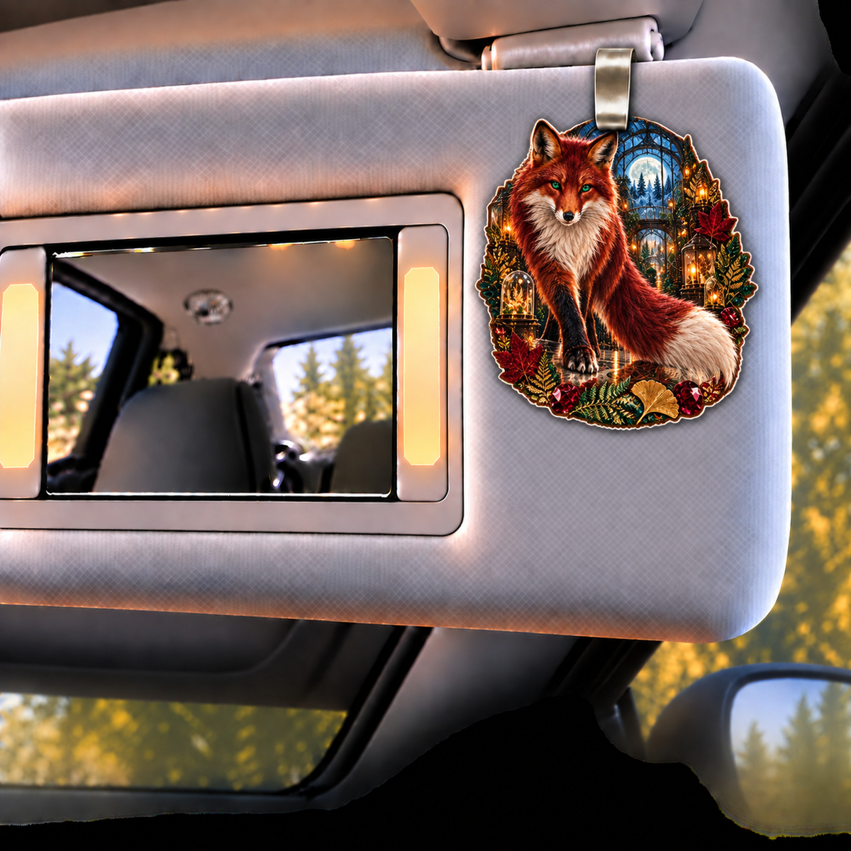 Garnet Fox Leaf Conservatory Holographic Car Visor Clip with printed optical 3D artwork in its use setting