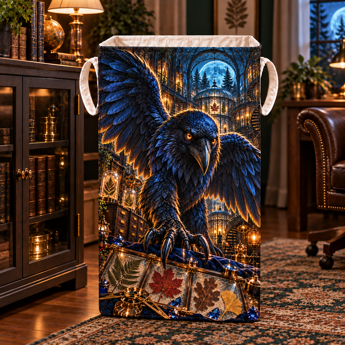 Sapphire Raven Leaf Archive Laundry Hamper with printed optical 3D artwork in its use setting