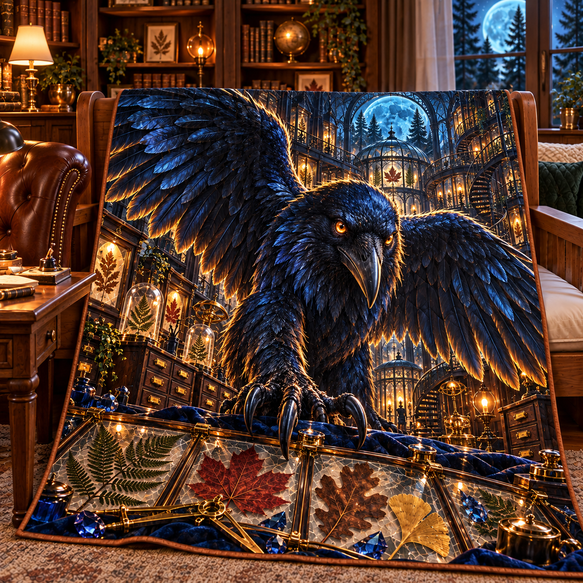 Sapphire Raven Leaf Archive Quilt Blanket with printed optical 3D artwork in its use setting