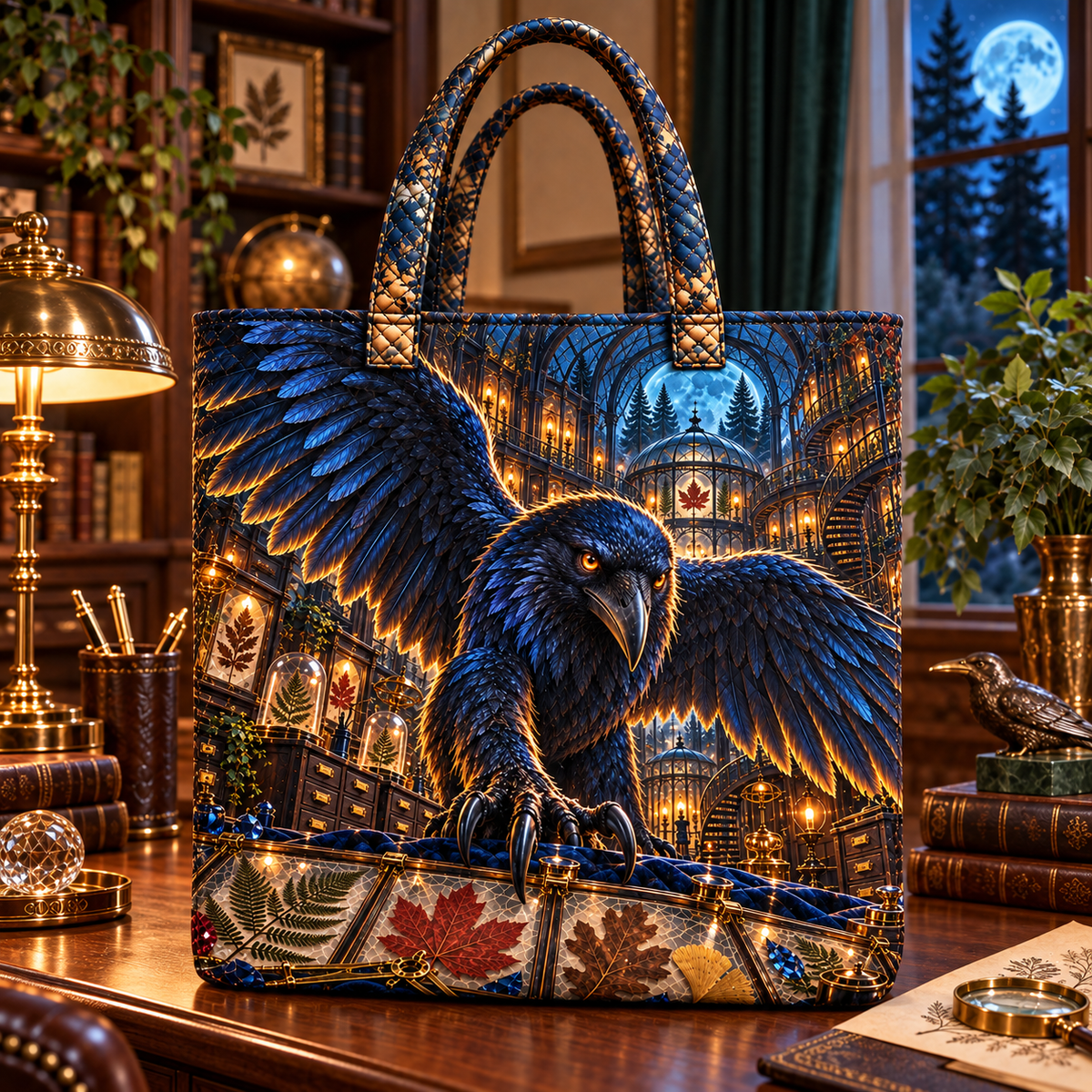Sapphire Raven Leaf Archive Quilted Tote Bag with printed optical 3D artwork in its use setting