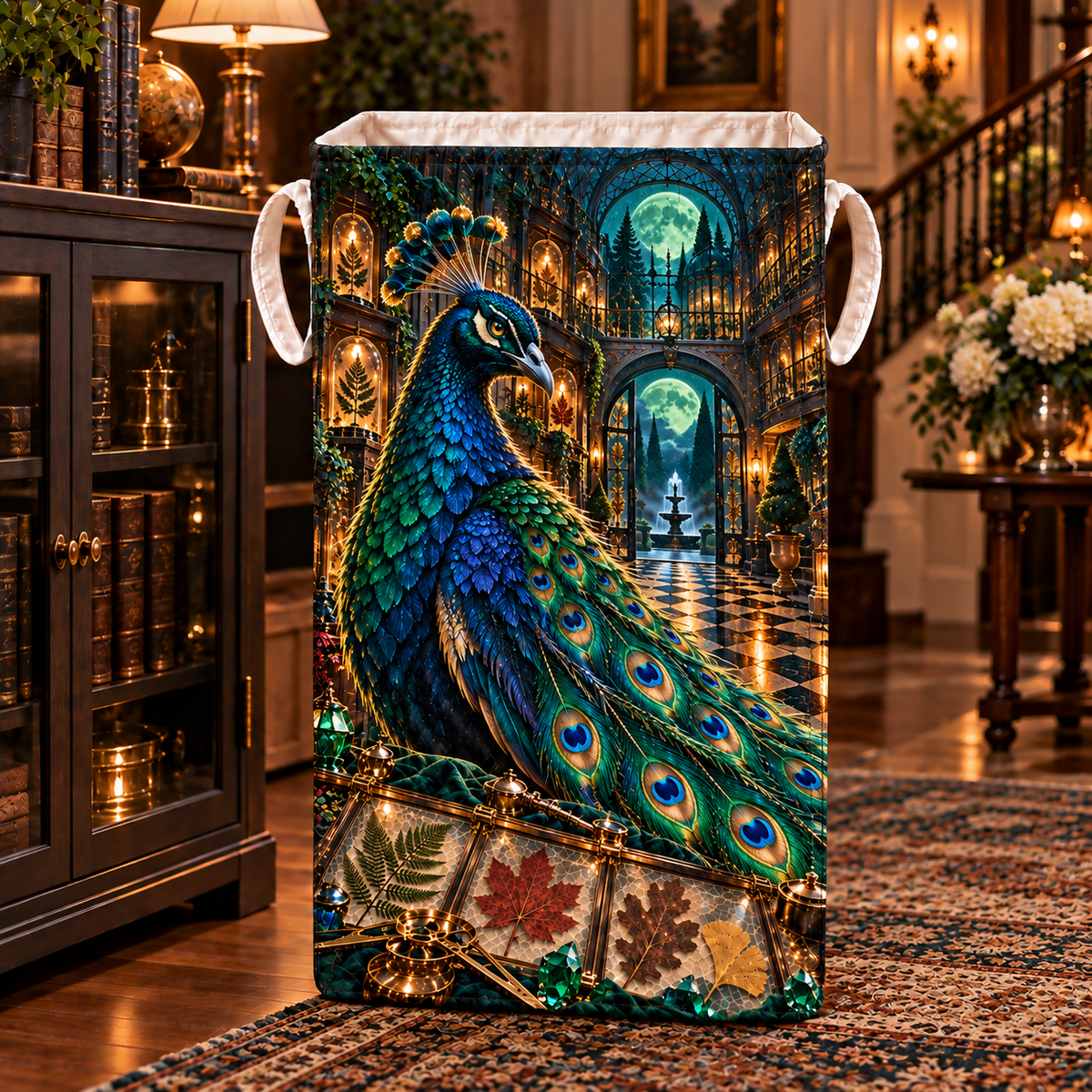 Emerald Peacock Leaf Manor Laundry Hamper with printed optical 3D artwork in its use setting