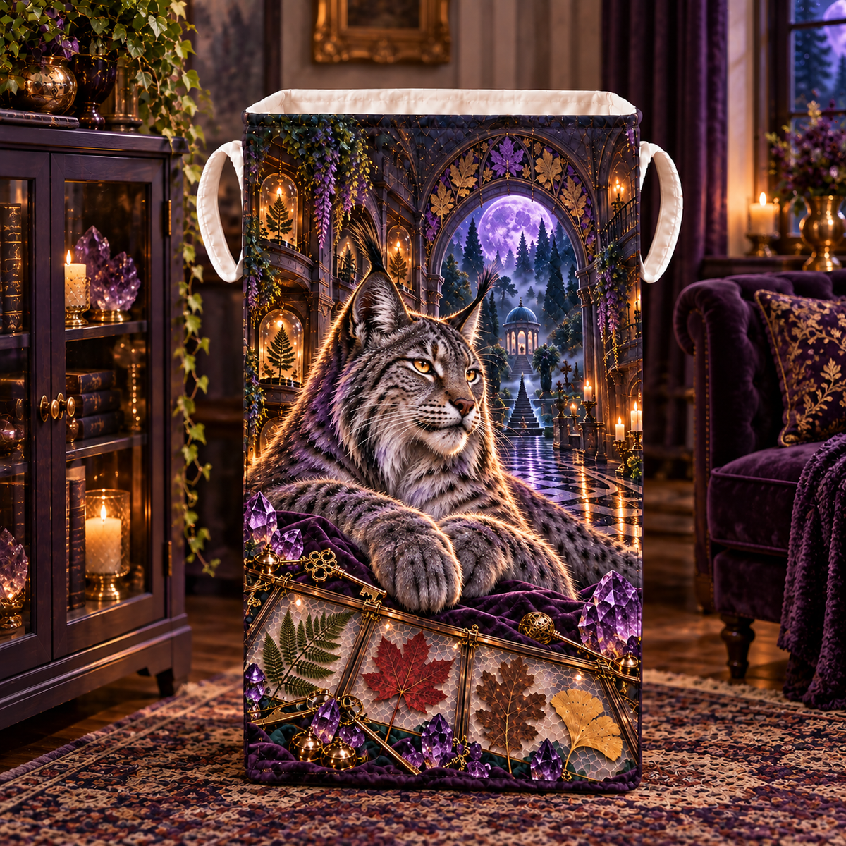Amethyst Lynx Leaf Sanctuary Laundry Hamper with printed optical 3D artwork in its use setting