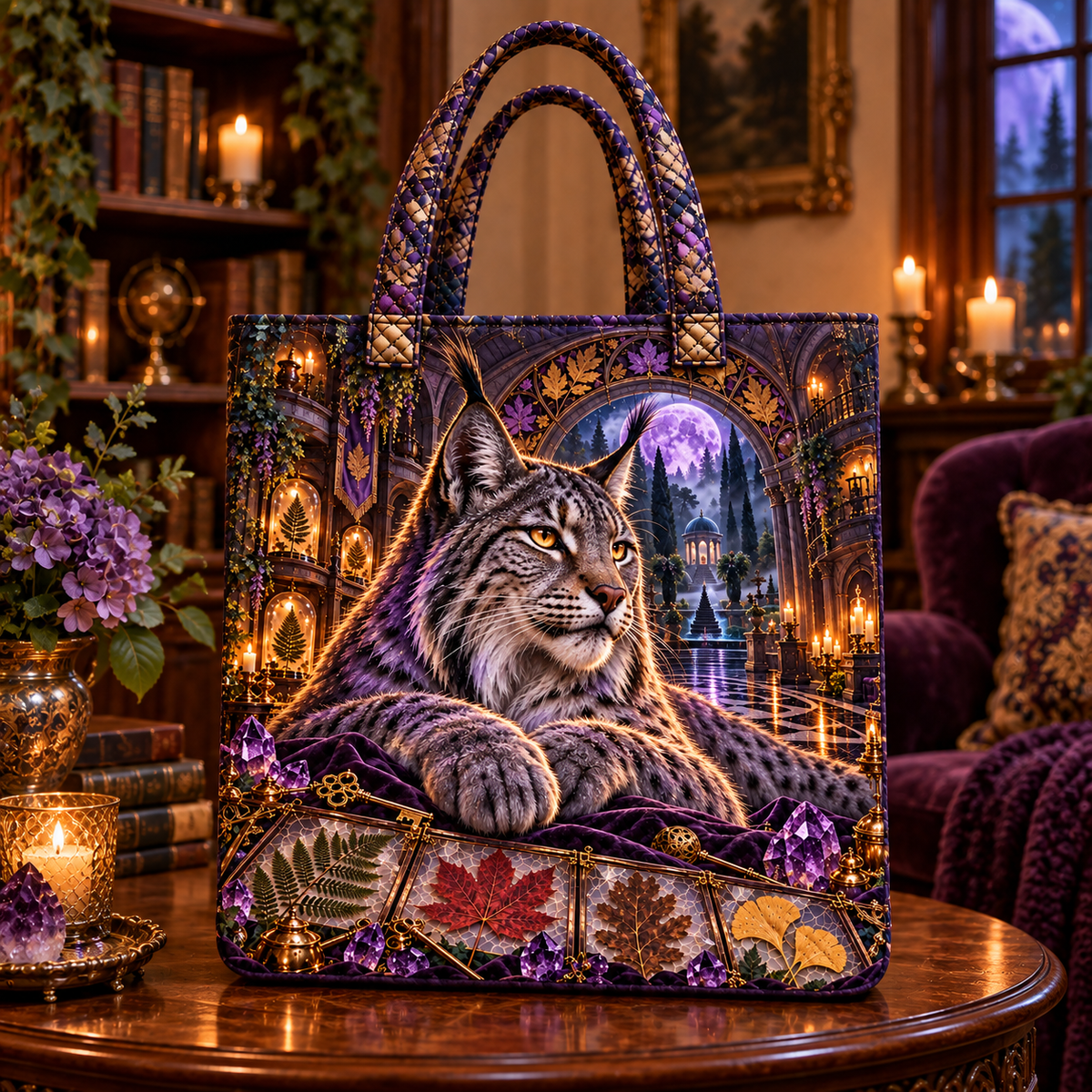 Amethyst Lynx Leaf Sanctuary Quilted Tote Bag with printed optical 3D artwork in its use setting