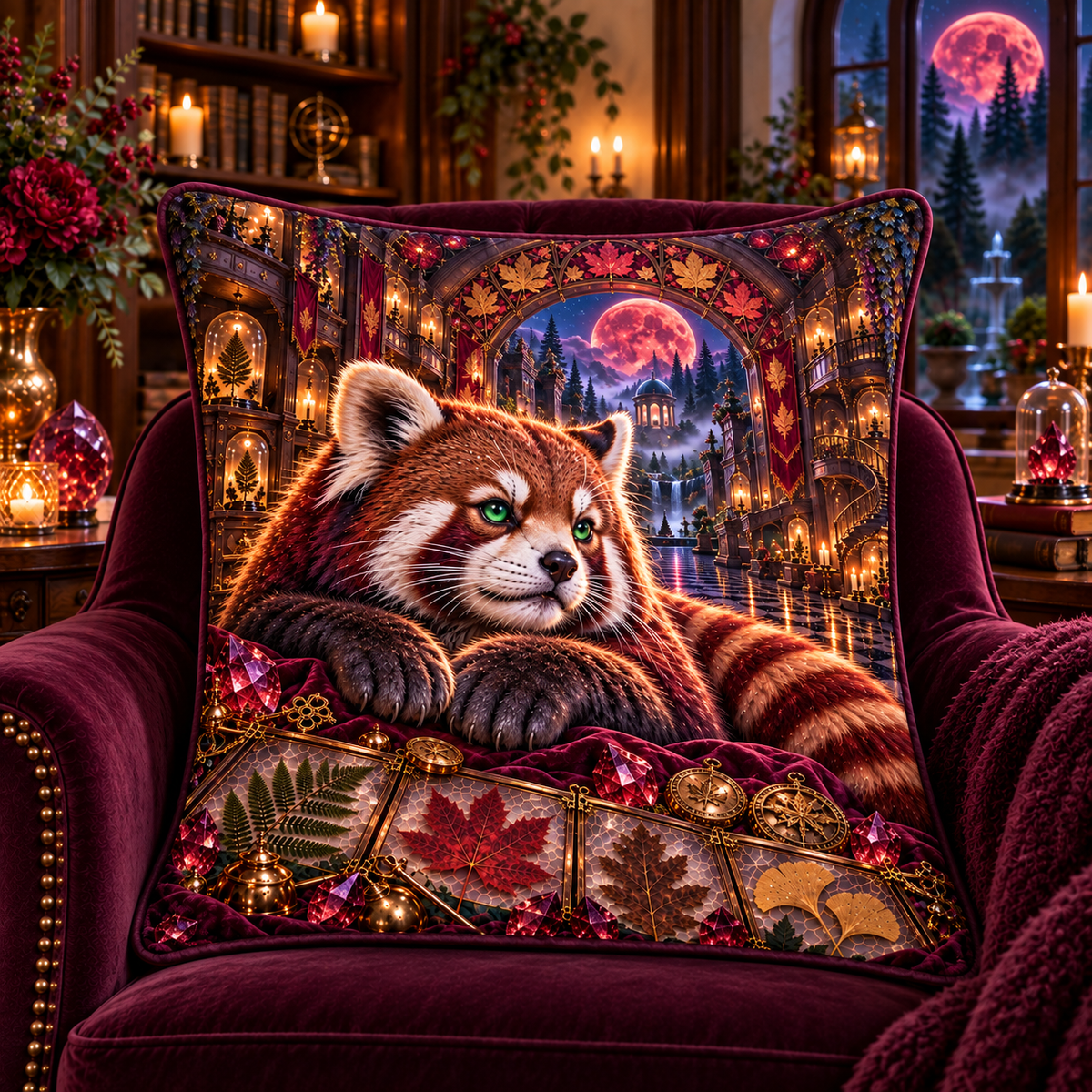 Ruby Red Panda Leaf Treasury Quilted Cushion Cover with printed optical 3D artwork in its use setting